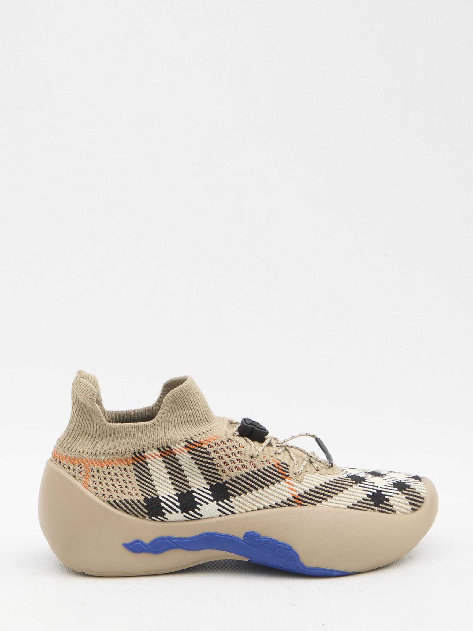 Shop Burberry Check Knit Neptune Sneakers In Beige