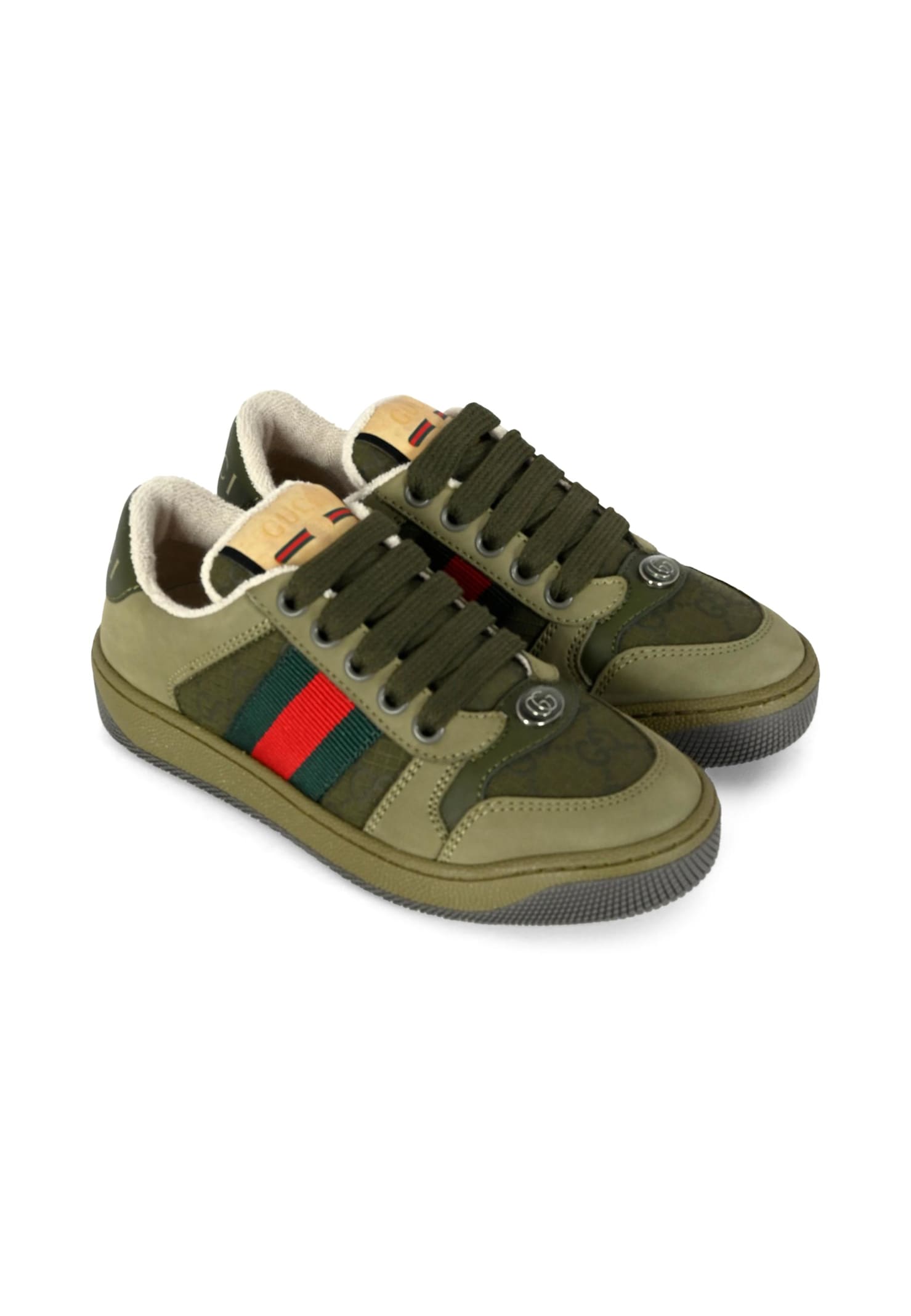 Gucci Green Screener Sneakers For Kids With Web Detail In Green