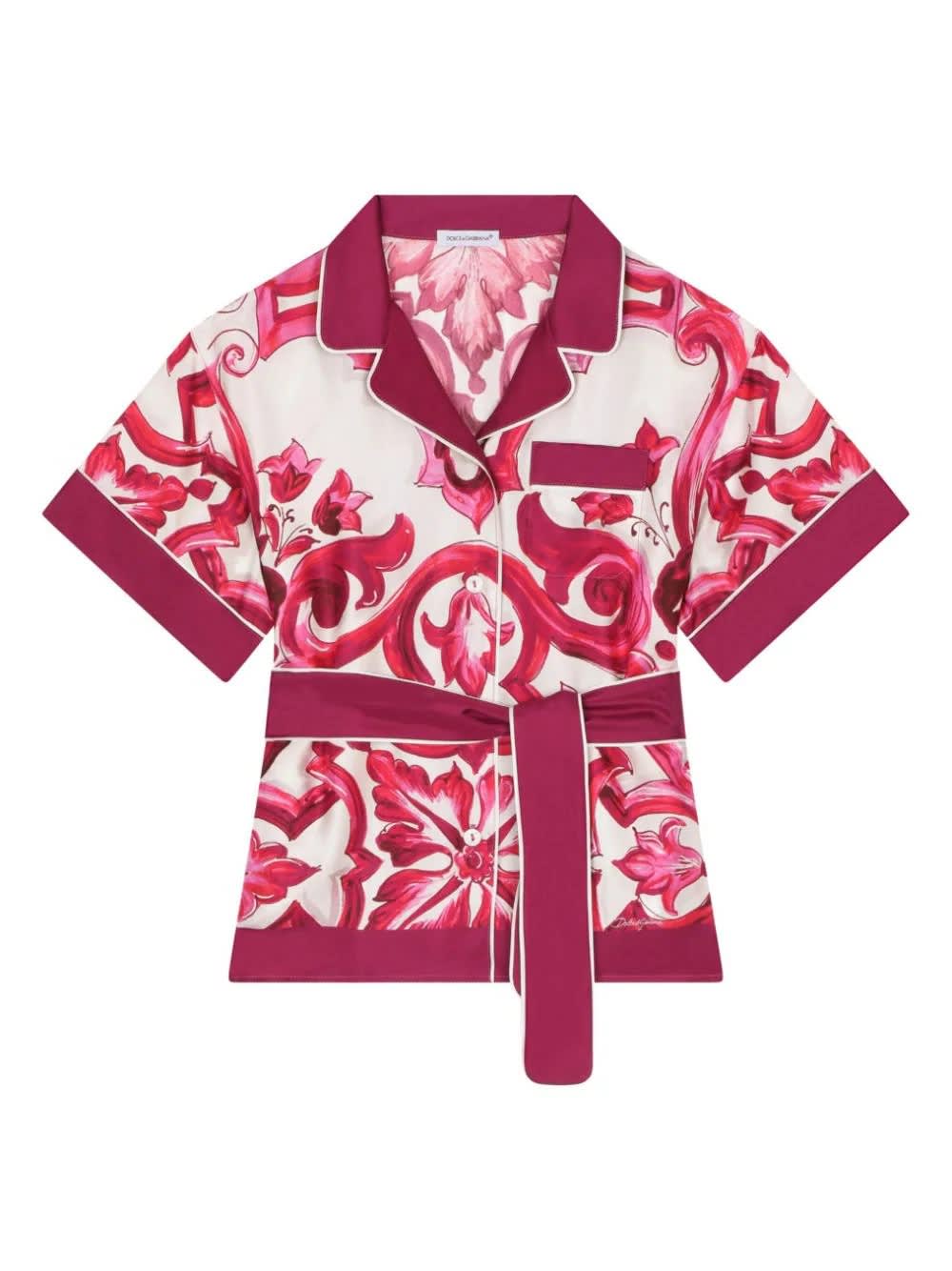 Shop Dolce & Gabbana Fuchsia Majolica Print Shirt With Belt In Pink