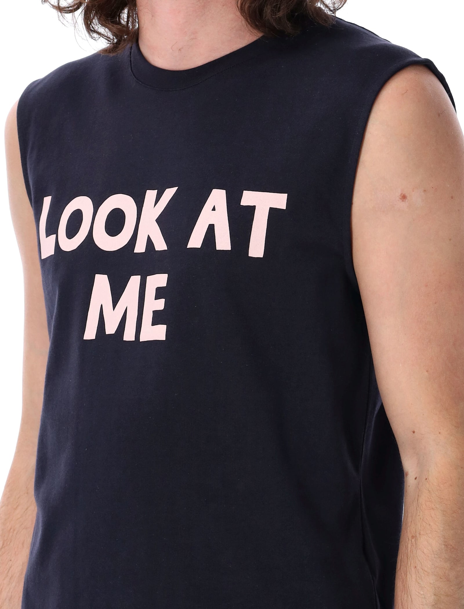 Jw Anderson Blue Sleeveless Top With Maxi Print On The Front And Logo Detail On The Rear In Dark Navy