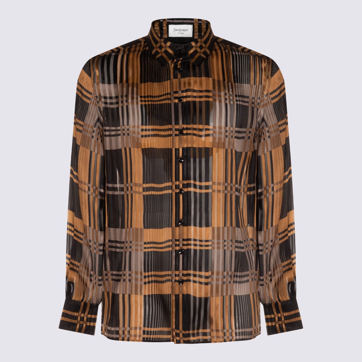 Saint Laurent Silk Shirt With Checked Pattern And Long Sleeves In Brown