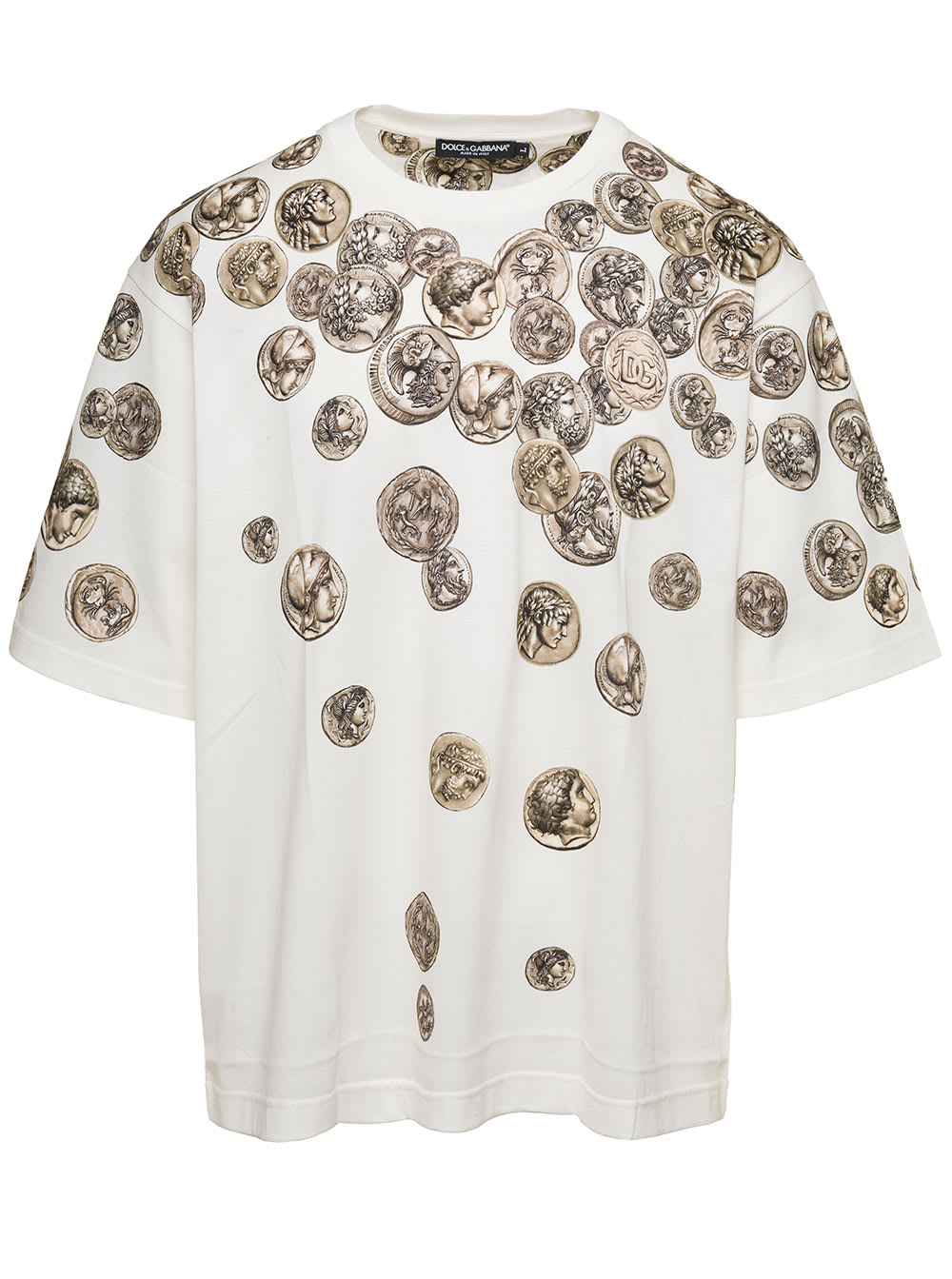 Shop Dolce & Gabbana White Oversized T-shirt With All-over Monete Print In Cotton Man In Beige