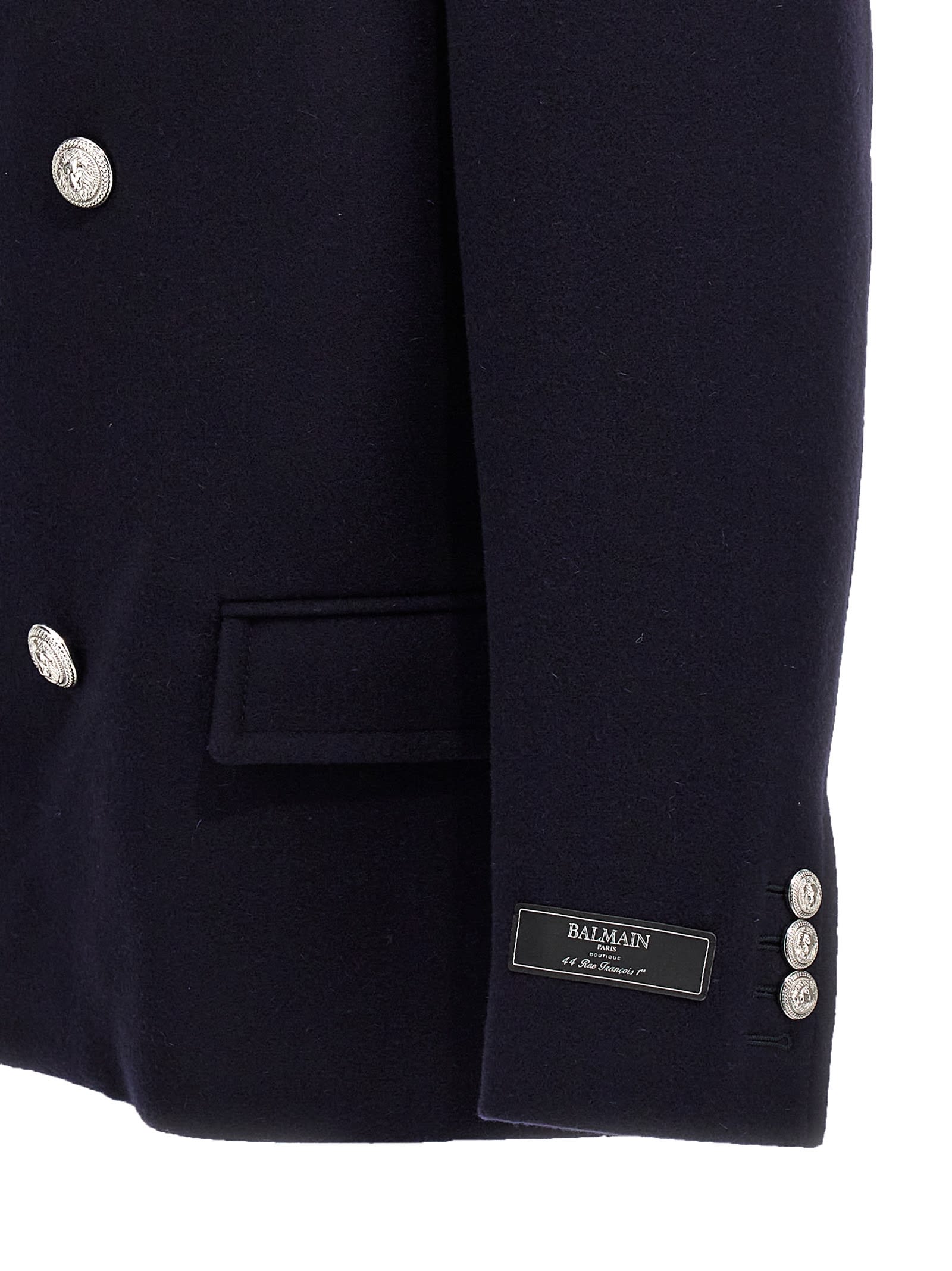 Shop Balmain Double-breasted Coat With Logo Buttons In Blue