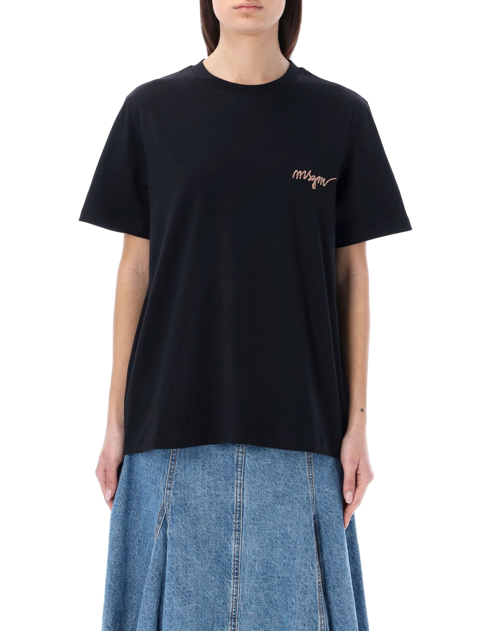 Msgm Black T-shirt With Contrast Embroidered Logo In Black
