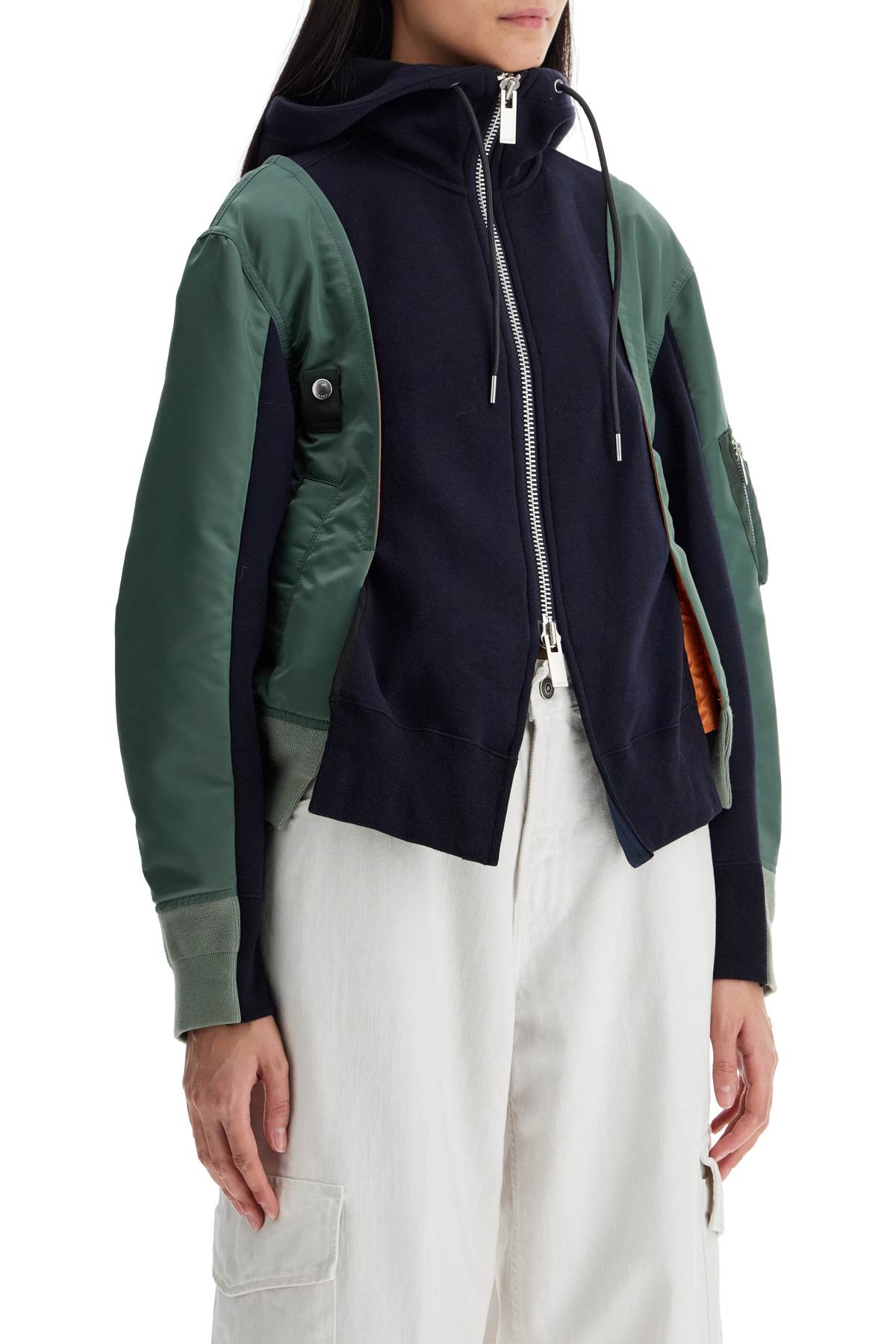 Shop Sacai Hybrid Sweatshirt With Zip And Hood In Navy×b/khaki (blue)