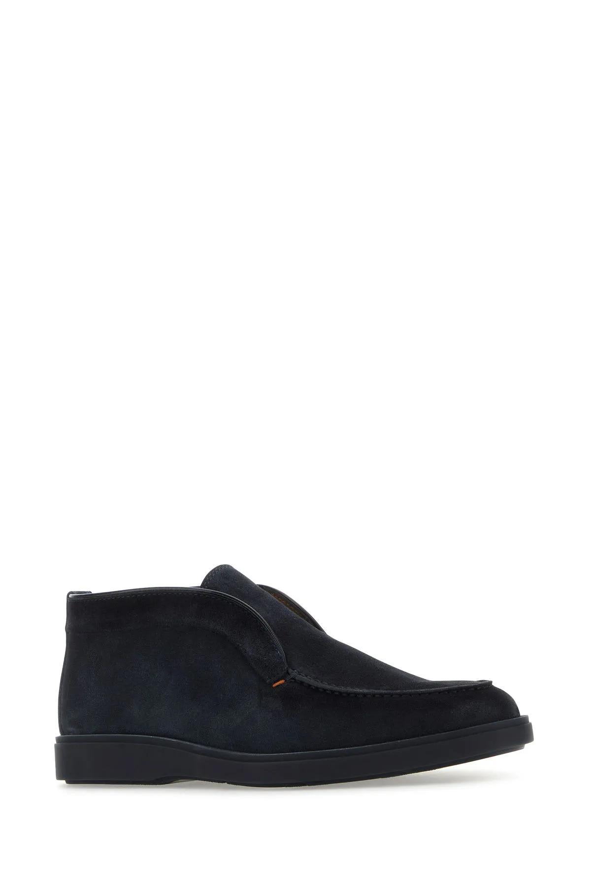 Shop Santoni Navy Blue Suede Loafers