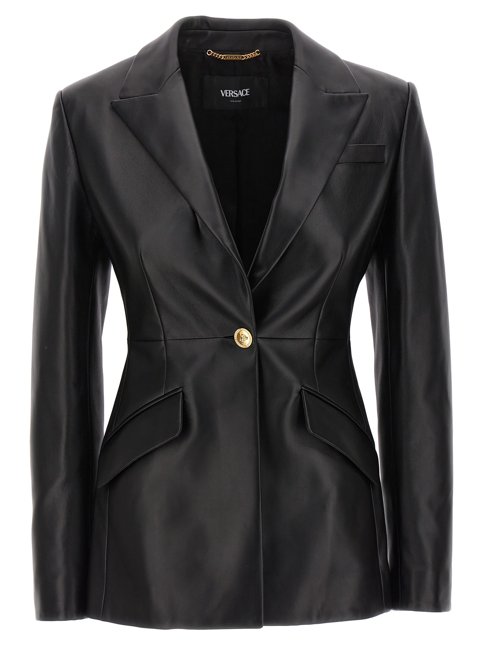 Shop Versace Single-breasted Leather Blazer In Black