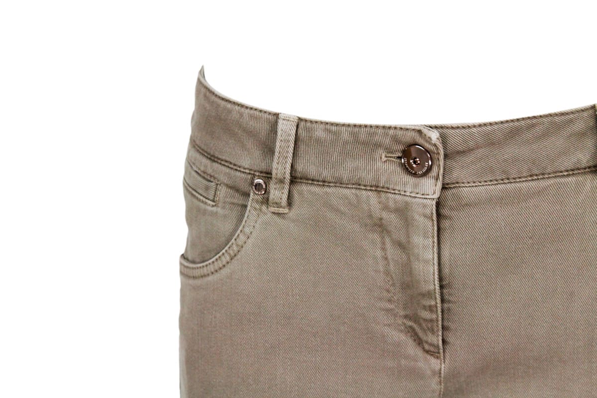 Shop Brunello Cucinelli Five-pocket Garment-dyed Stretch Denim Trousers. Slim Model In Taupe