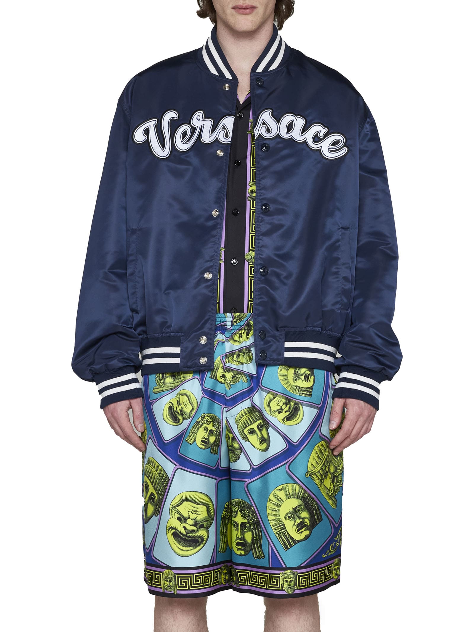 Versace Mask Print Silk Twill Shorts In Acid Green Teal