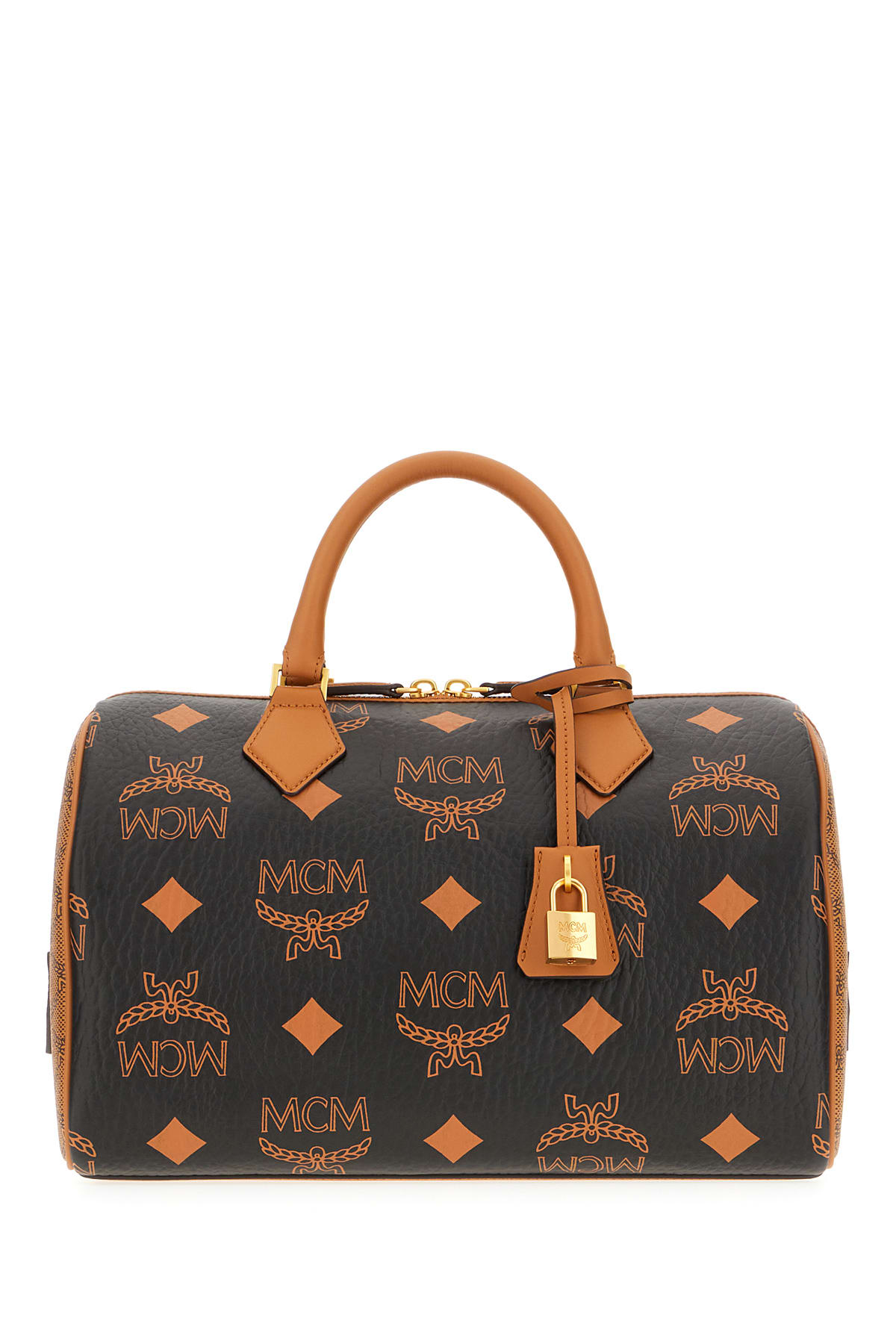 Shop Mcm Printed Synthetic Leather Handbag In Black