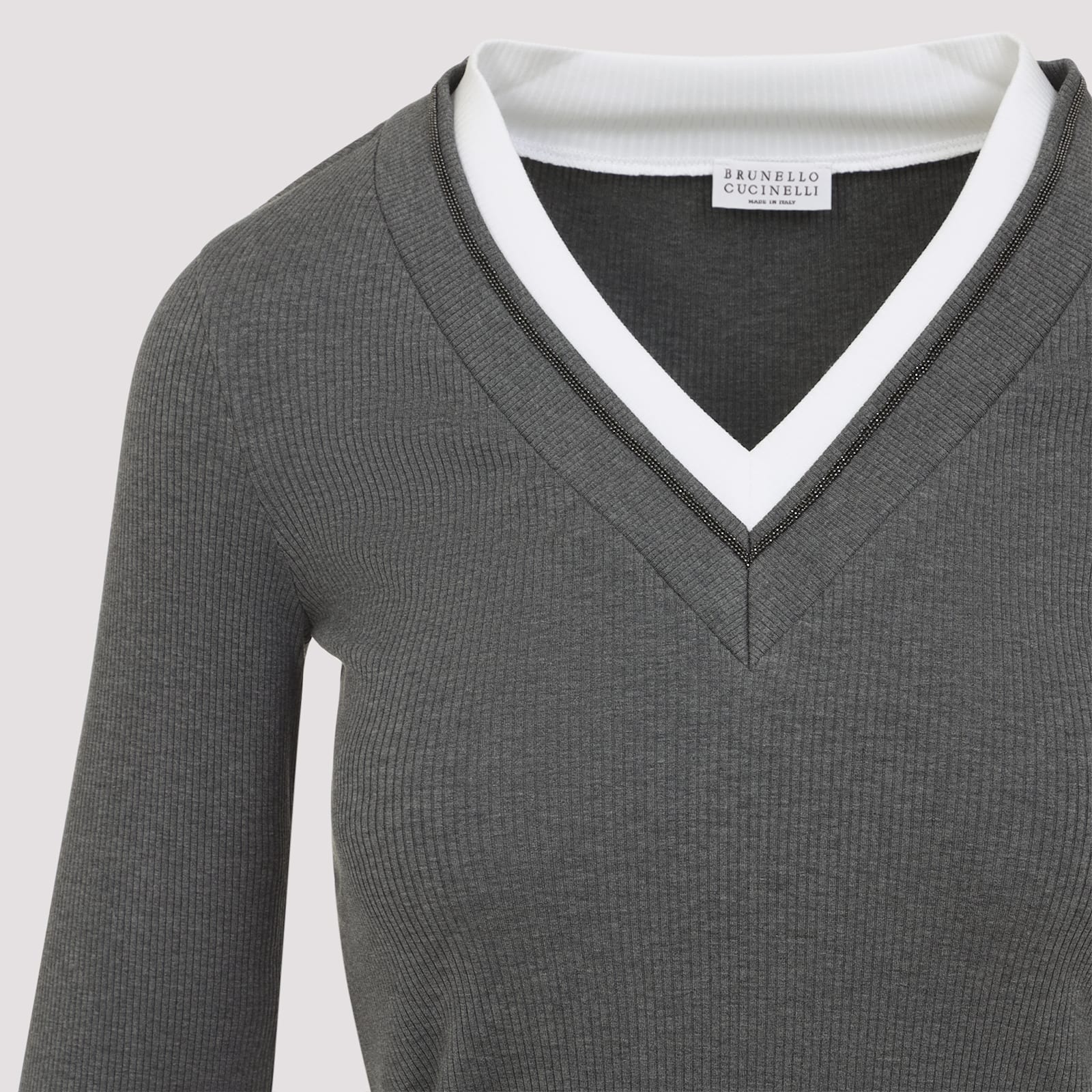 Brunello Cucinelli Ribbed Long Sleeves Top With Contrast Trim