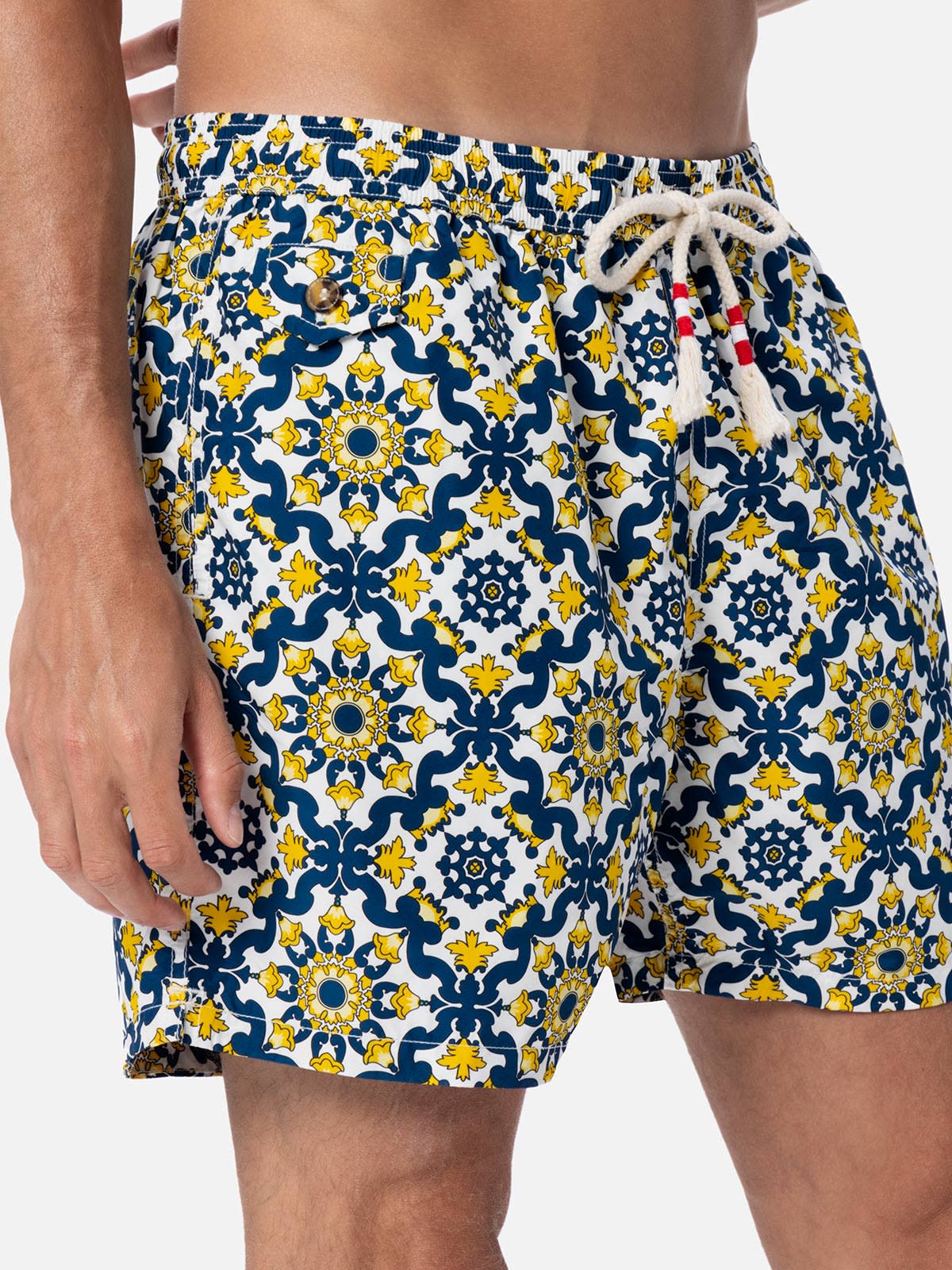 Mc2 Saint Barth Man Lightweight Fabric Swim-shorts Lighting 70 With Majolica Print In Blue