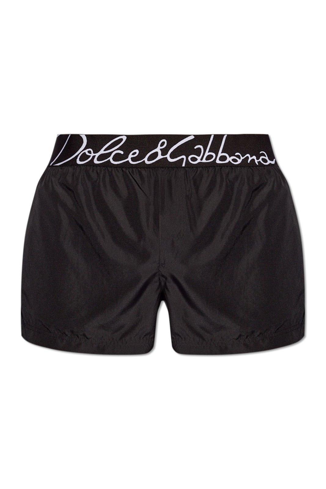 Shop Dolce & Gabbana Logo-waistband Swim Trunks In Nero