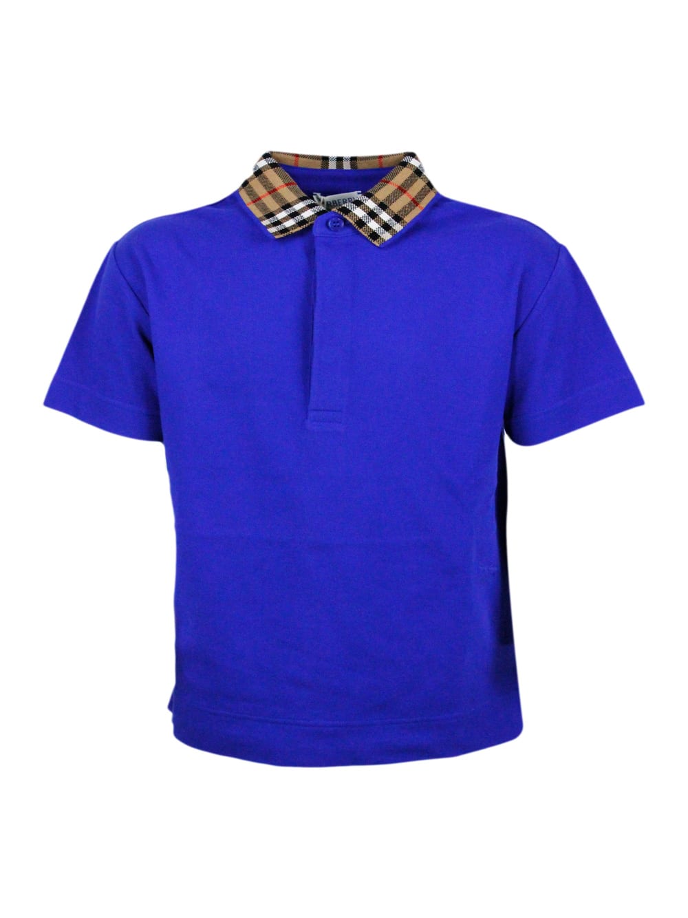 Burberry Kids' Piqué Cotton Polo Shirt With Check Collar And Button Closure In Blu Royal