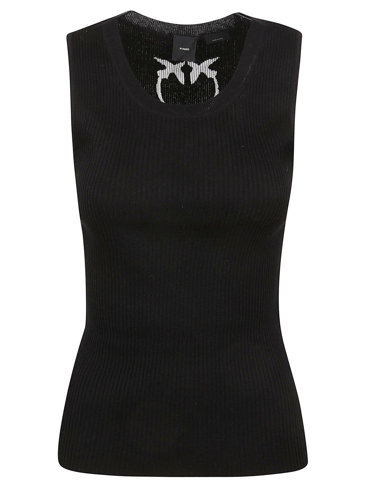 Shop Pinko Logo Detailed Sleeveless Knitted Top In Black