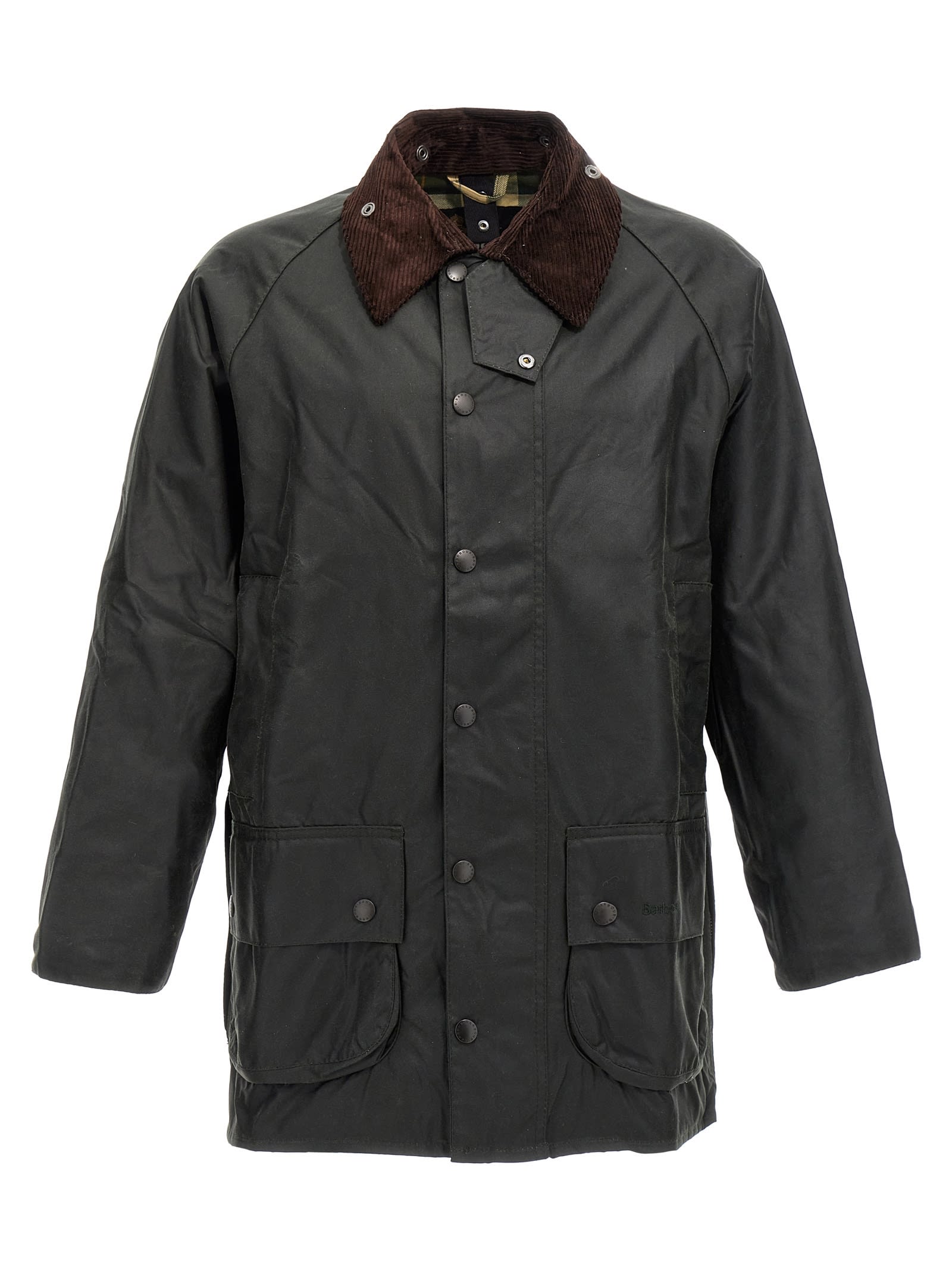 Barbour Beaufort Waxed Cotton Jacket With Corduroy Collar And Multiple Pockets In Black