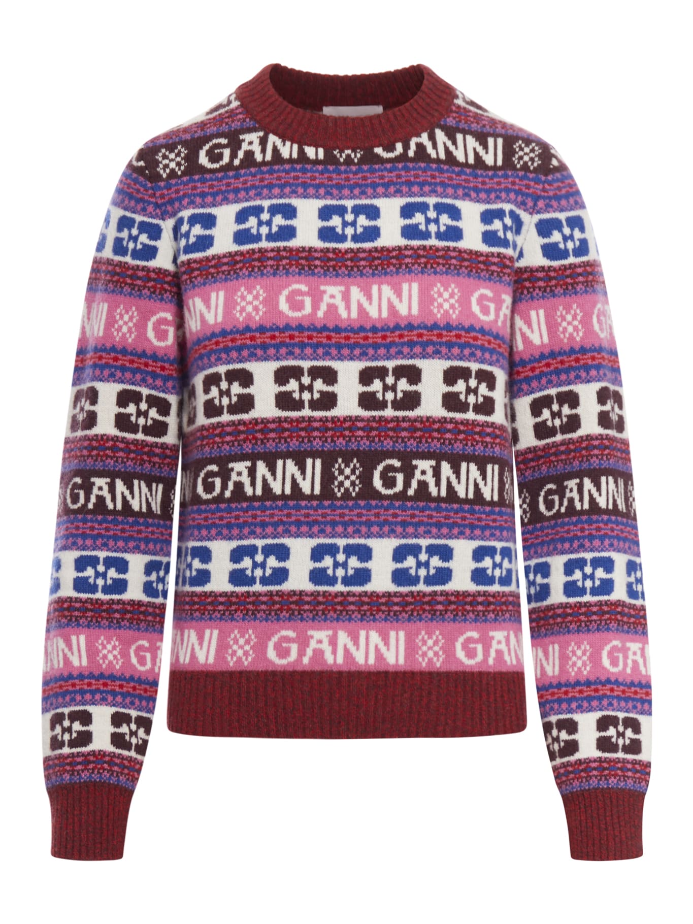 Shop Ganni Logo Wool Mix O-neck Pullover In Multicolour