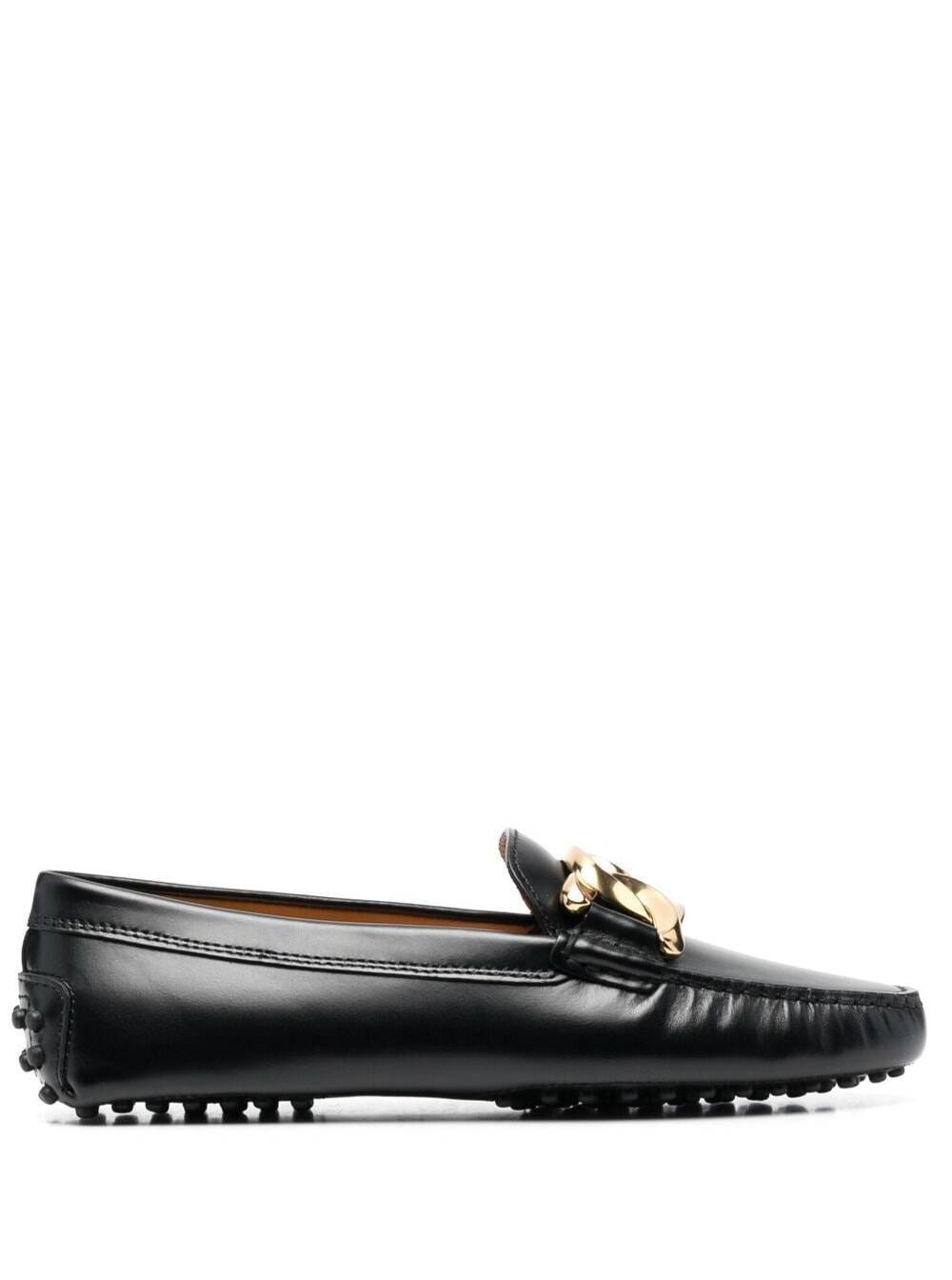 TOD'S KATE BLACK LEATHER LOAFERS WITH CHAIN DETAIL WOMAN