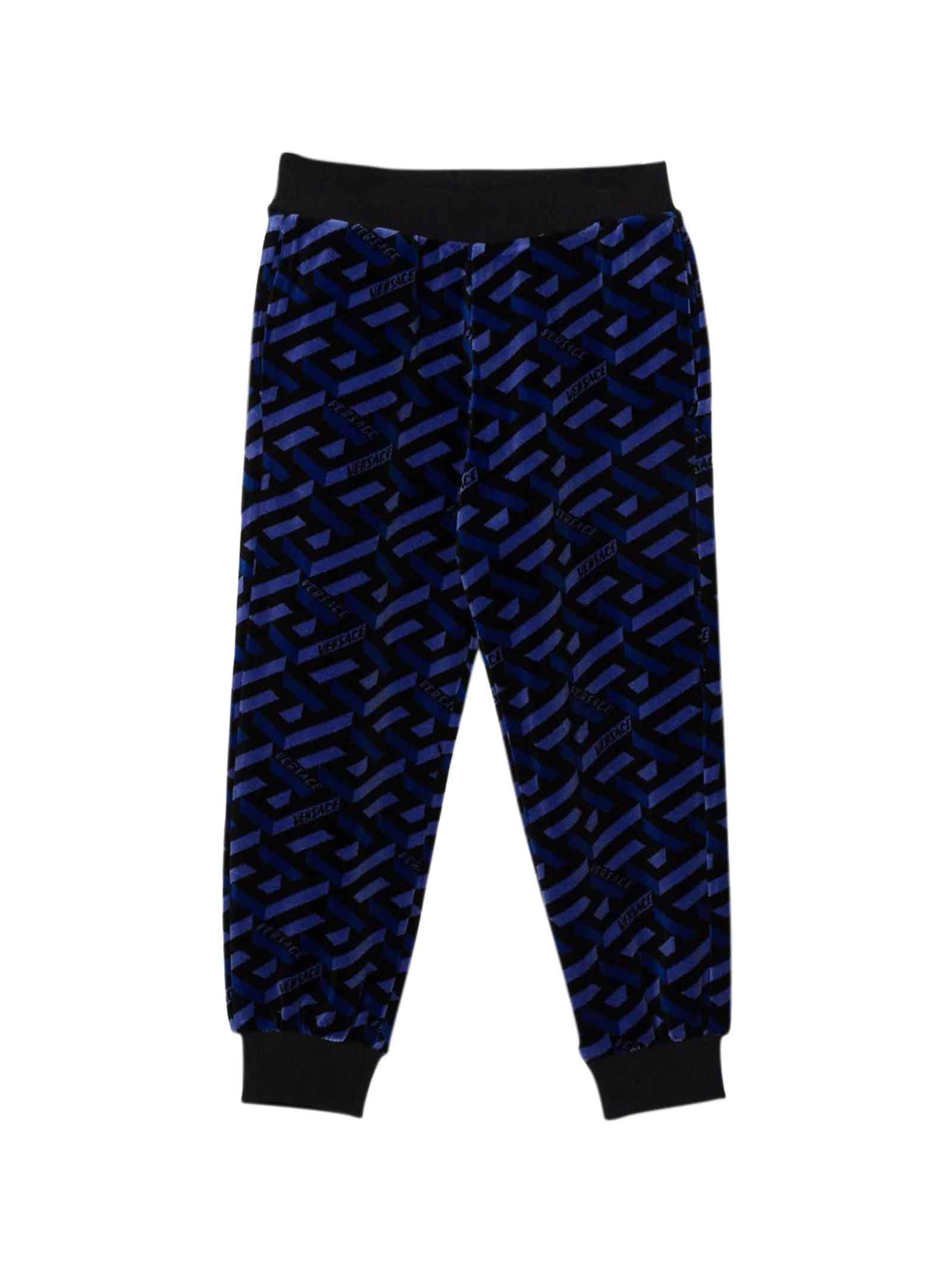 Versace Black And Blue Trousers With Print Kids