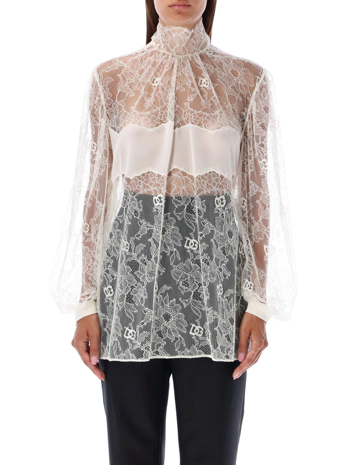 Dolce & Gabbana Sheer-lace Bishop Sleeved Bouse In White
