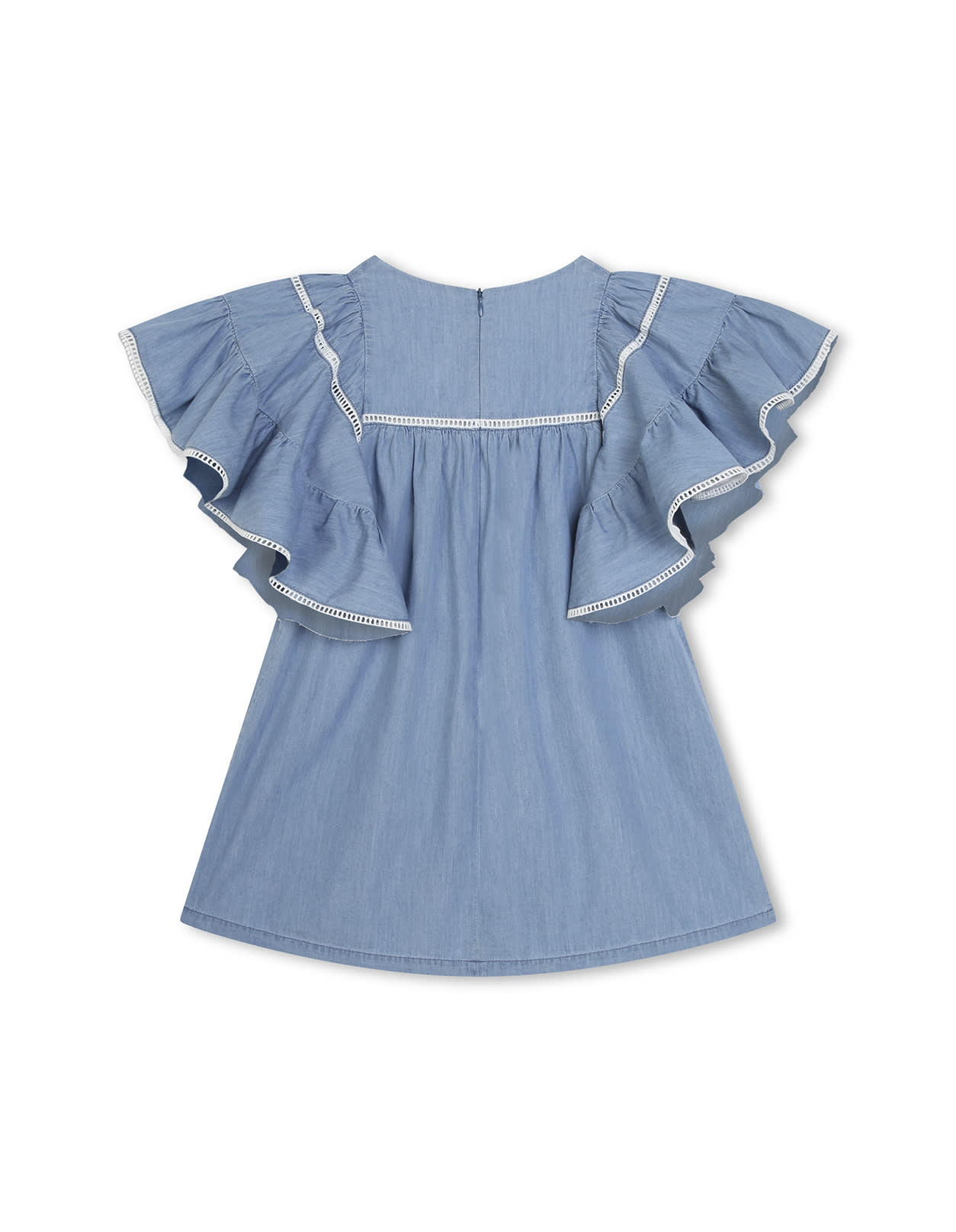 Shop Chloé Medium Blue Dress With Ruffle And Ladder Stitch Detailing
