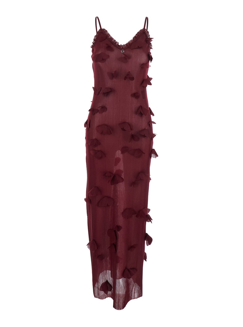Coperni Red Sleeveless Midi Dress With V Neck And Butterfly Embellishments In Tech Fabric Woman In Brown