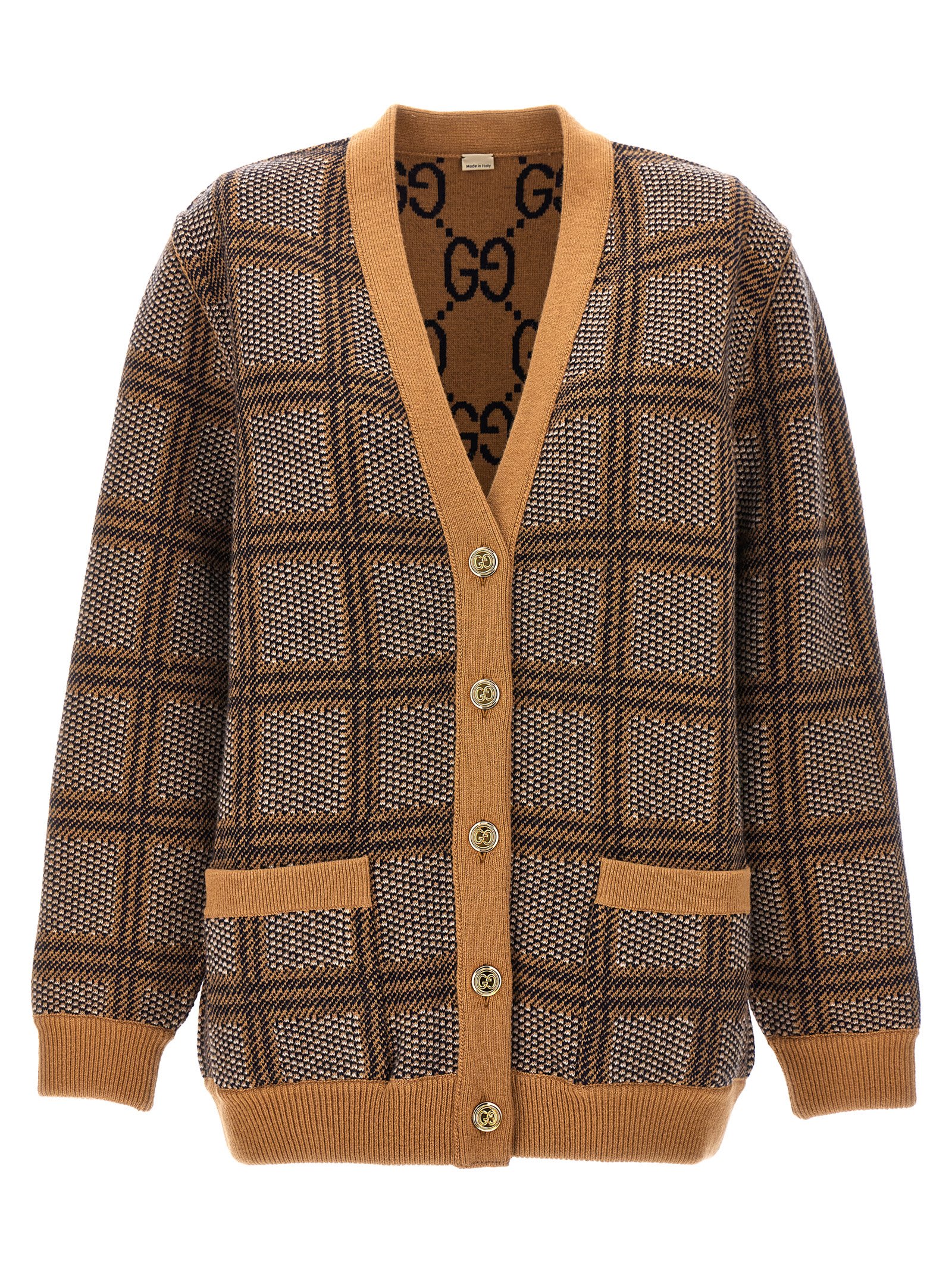 Shop Gucci Check And Gg Reversible Cardigan In Beige
