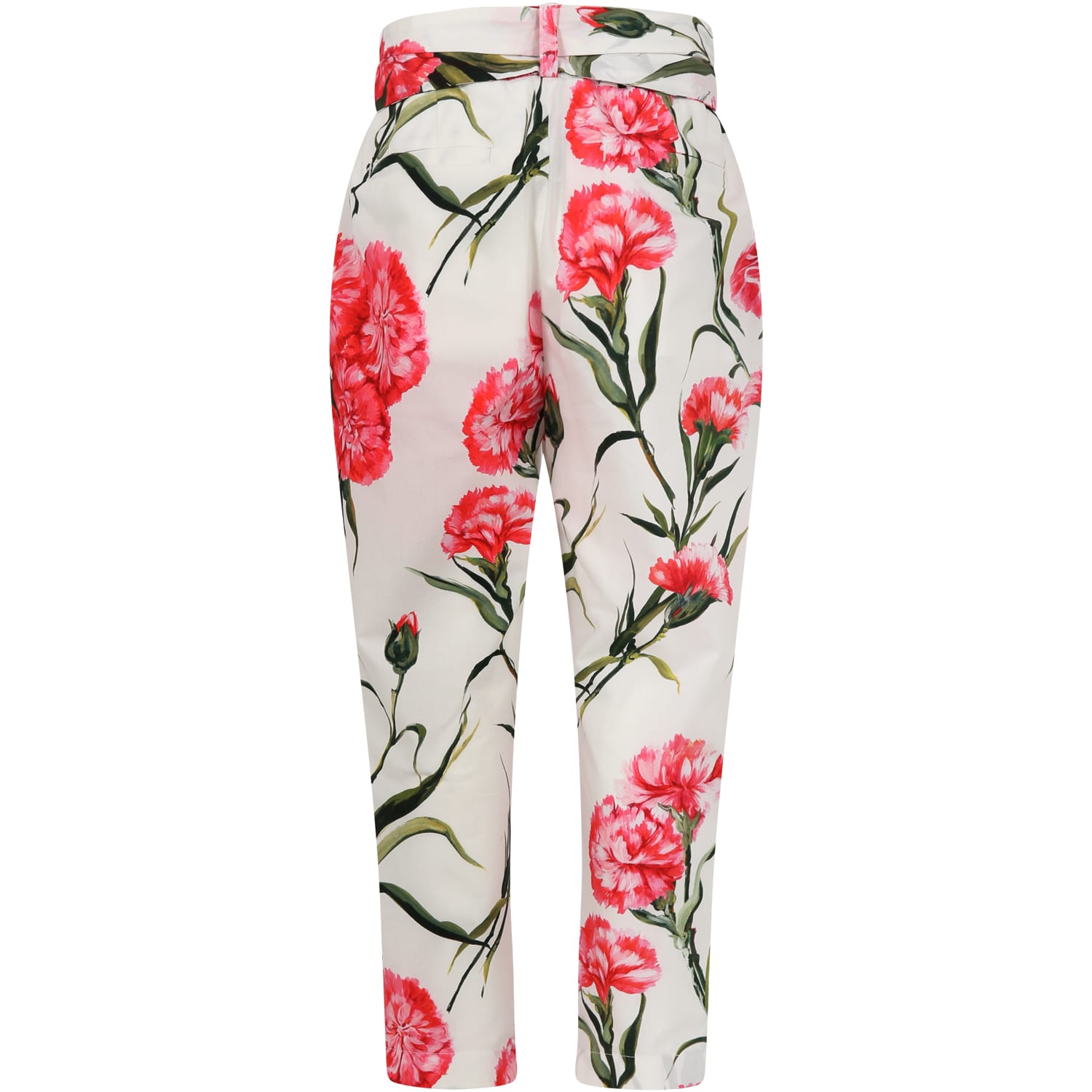 Shop Dolce & Gabbana White Trousers For Girl With Carnation Print And Logo