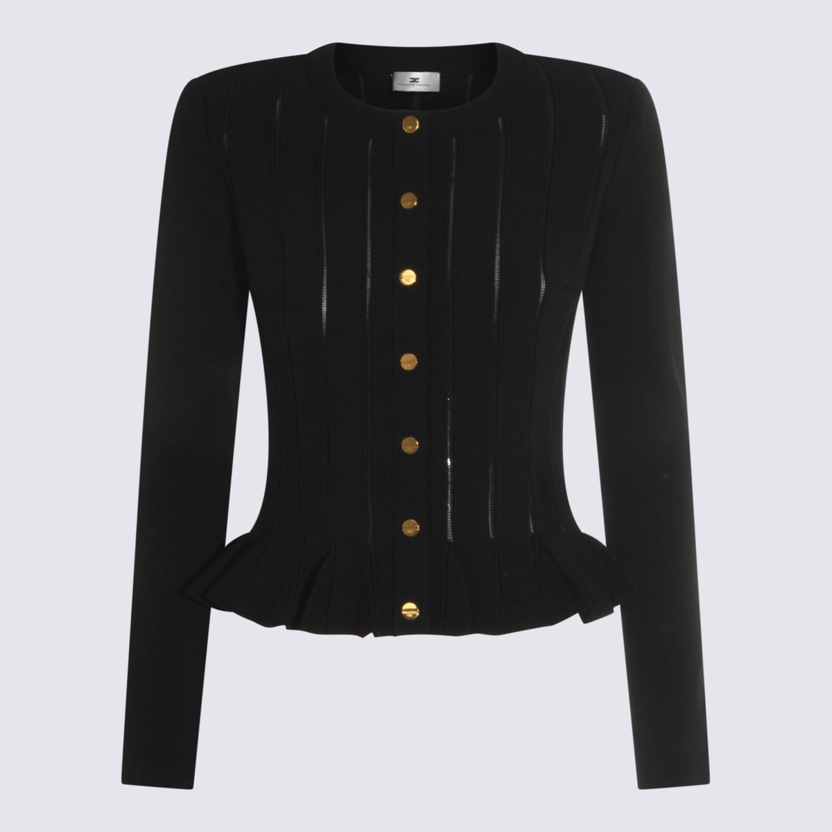 Elisabetta Franchi Tricot Pattern Sweater With Padded Shoulder Straps And Embroidered Hem In Black