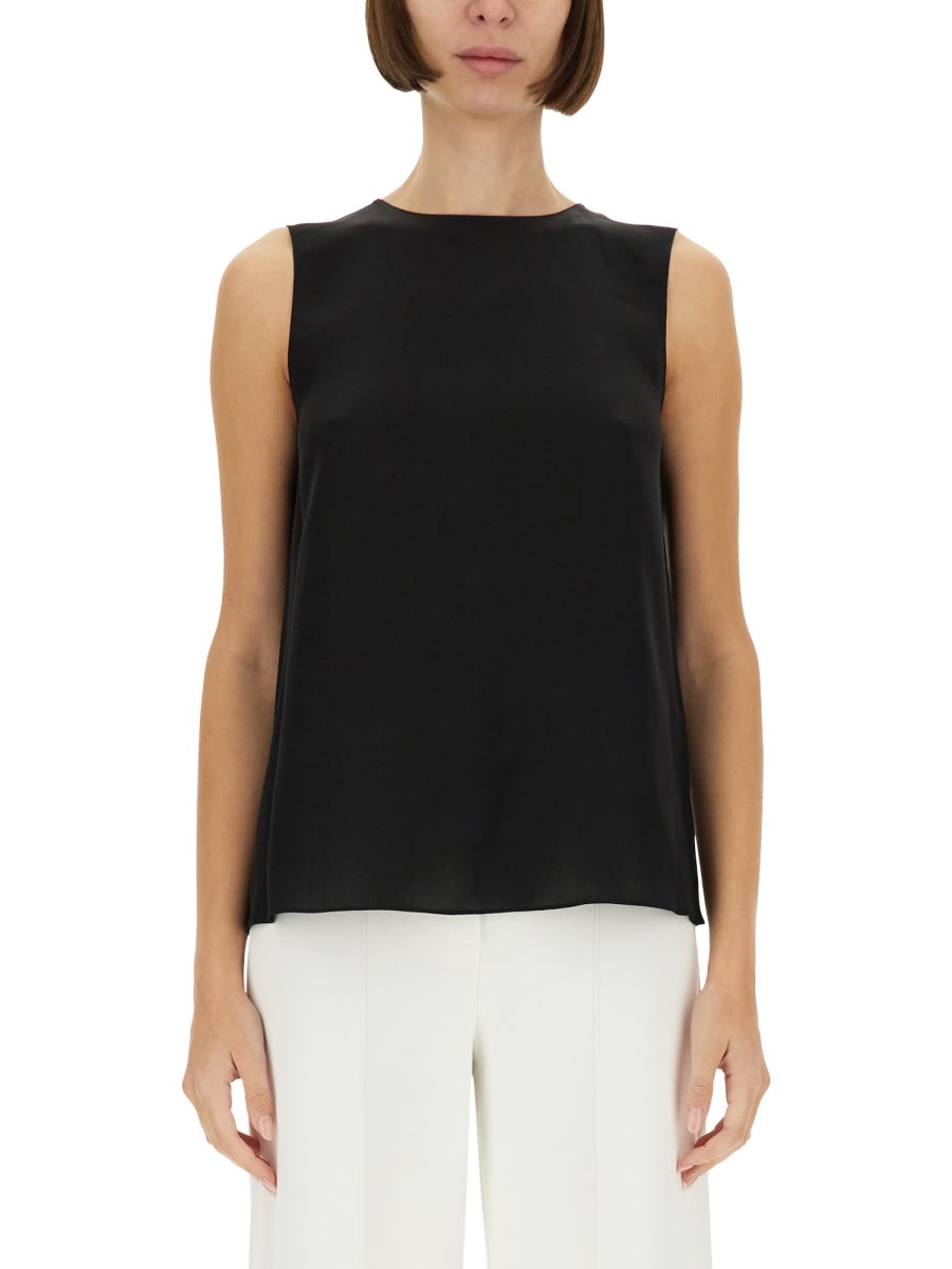 Theory Black Crewneck Top With Ruched Details On The Front In Black