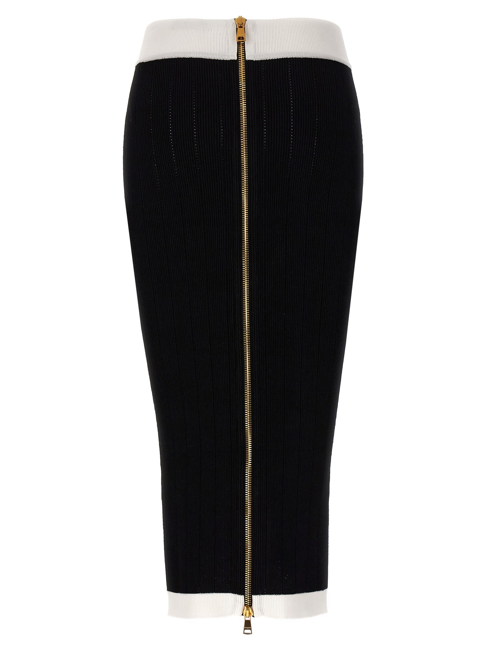 Balmain Button-embellished Ribbed-knit Midi Skirt In Eab Noir Blanc