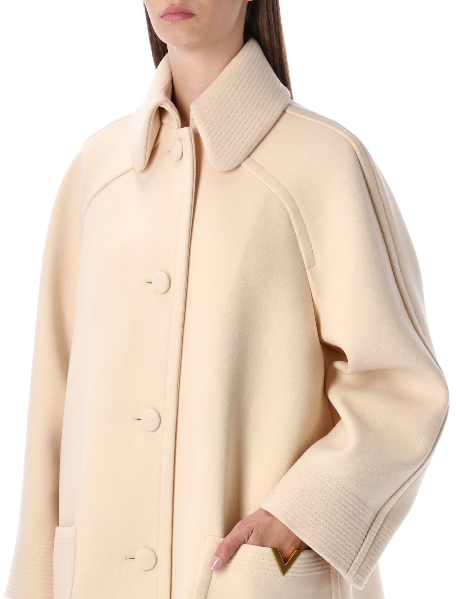 Valentino Garavani Wool Drap Peacoat With V Gold Detail In Neutral