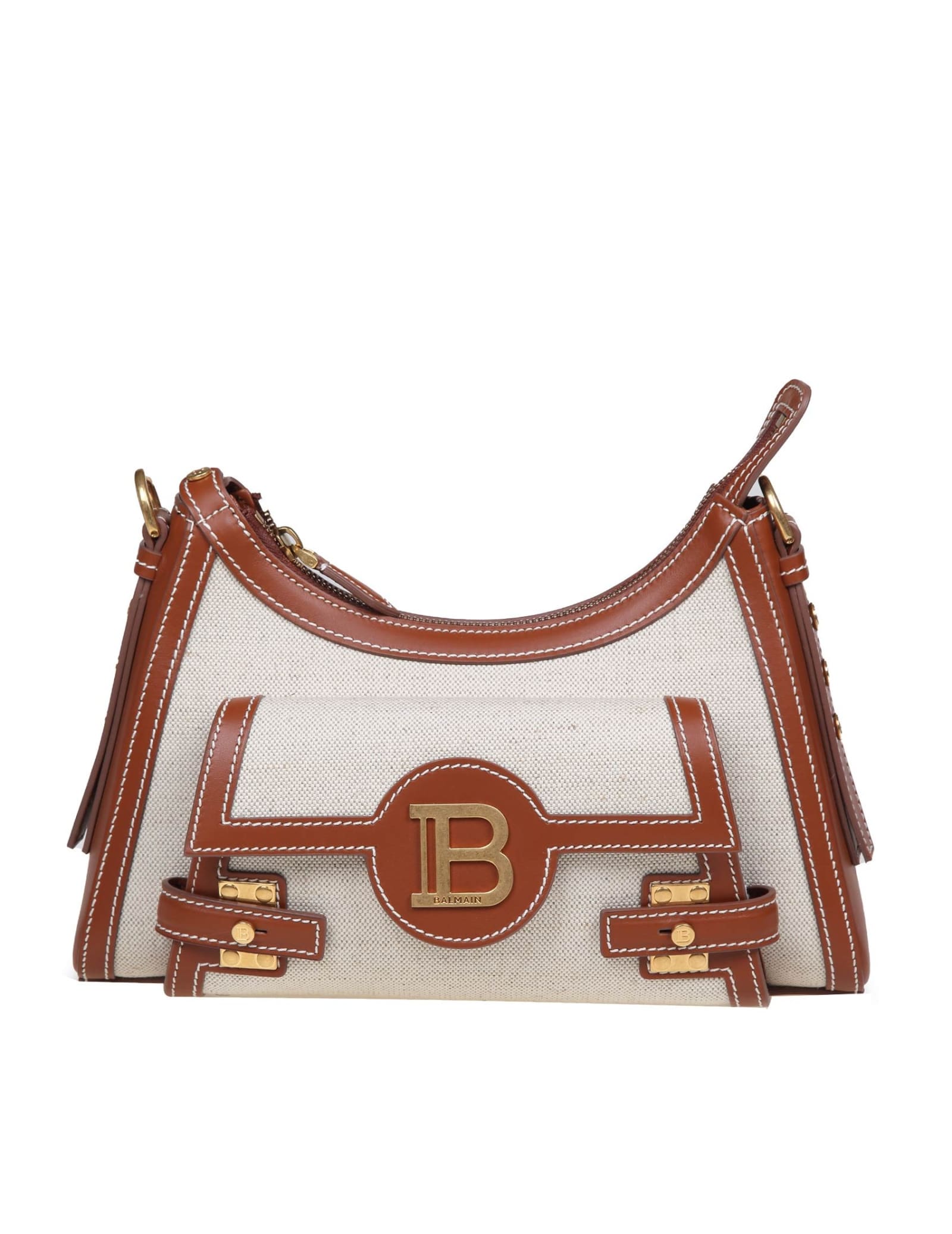 Shop Balmain B-buzz Hobo Bag In Canvas And Leather In Natural