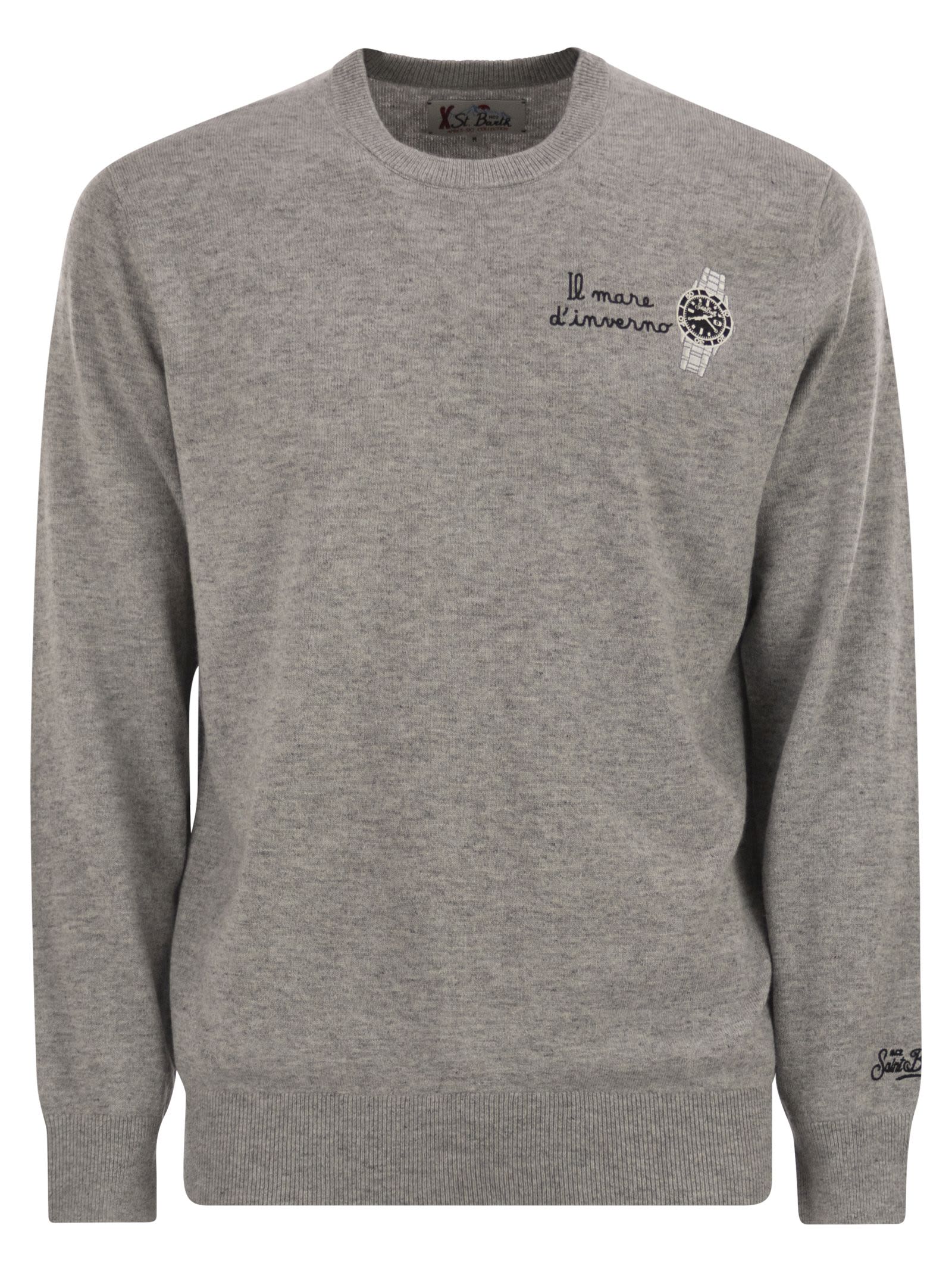 Mc2 Saint Barth Heron - Crew Neck Jumper With Embroidery On The Chest In Gray