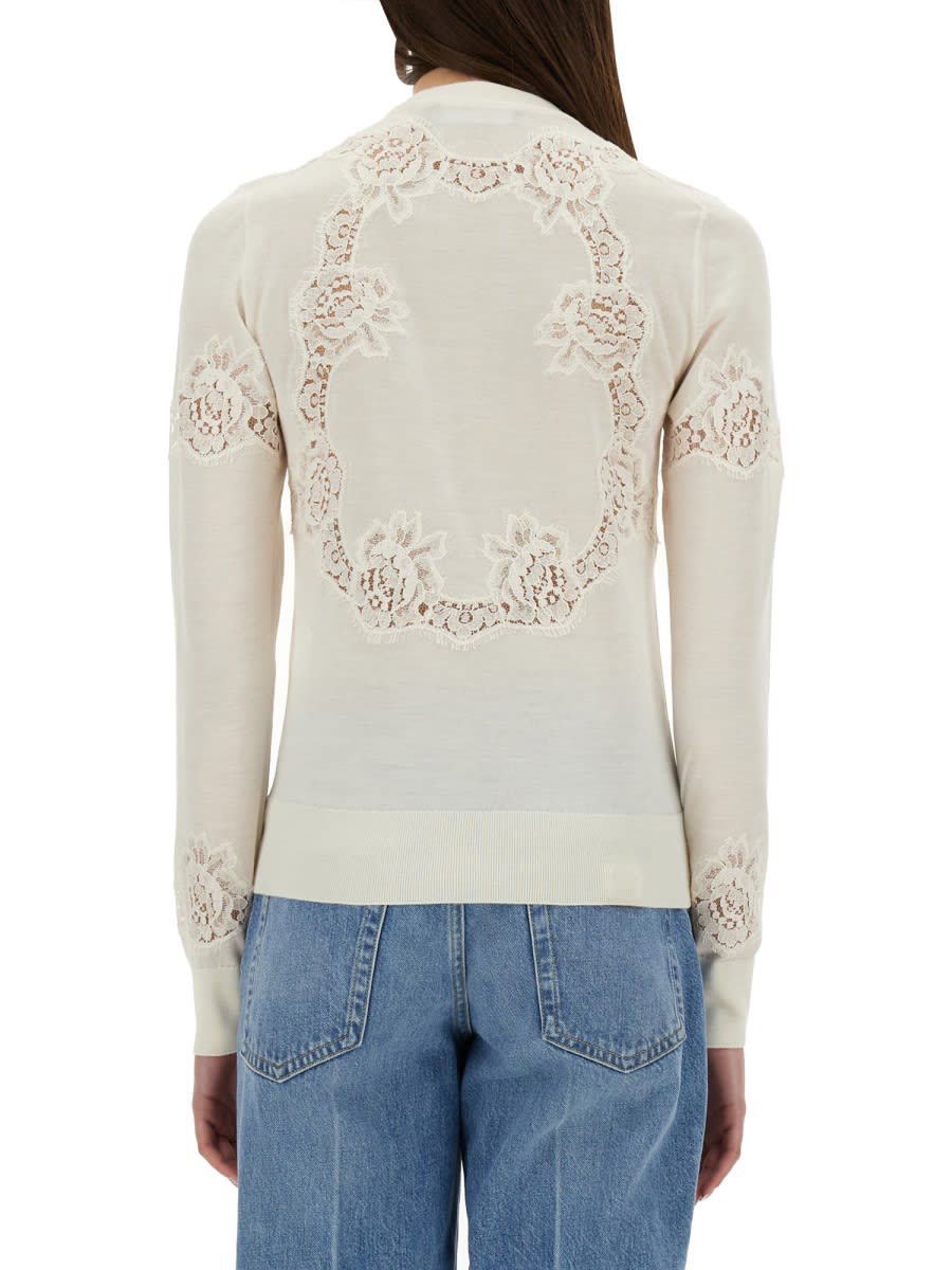 Dolce & Gabbana Cashmere And Silk Cardigan With Lace Inlay In Ivory