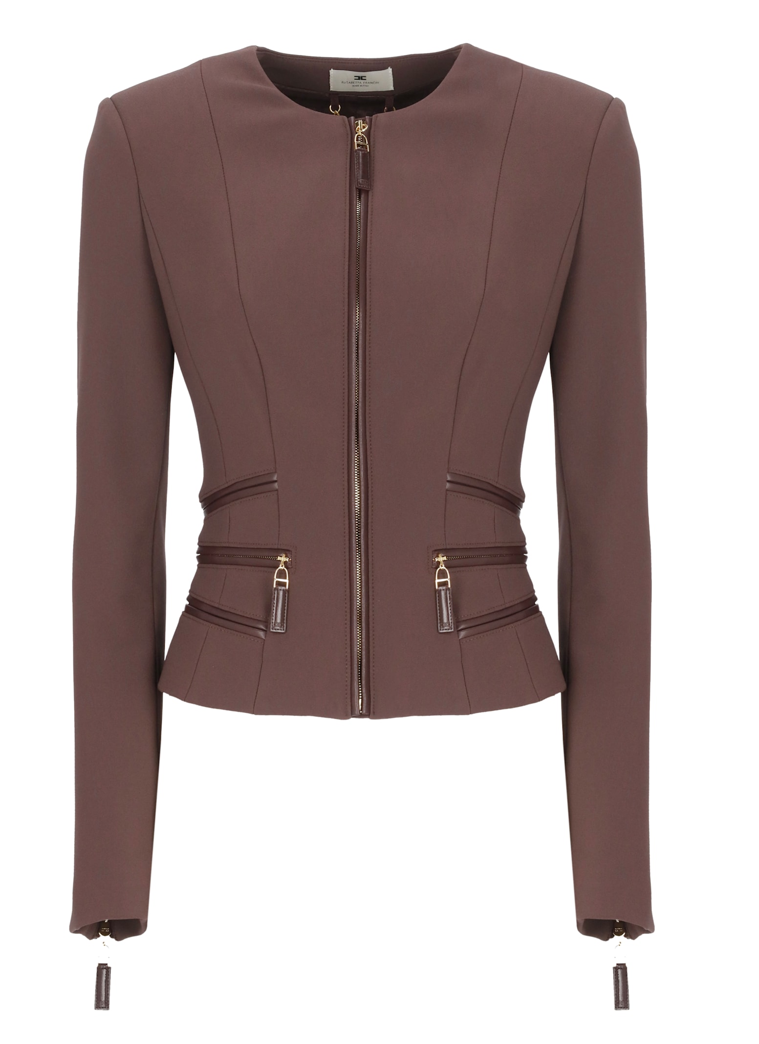 Elisabetta Franchi Structured Blazer With Front Zip And Long Sleeves In Brown