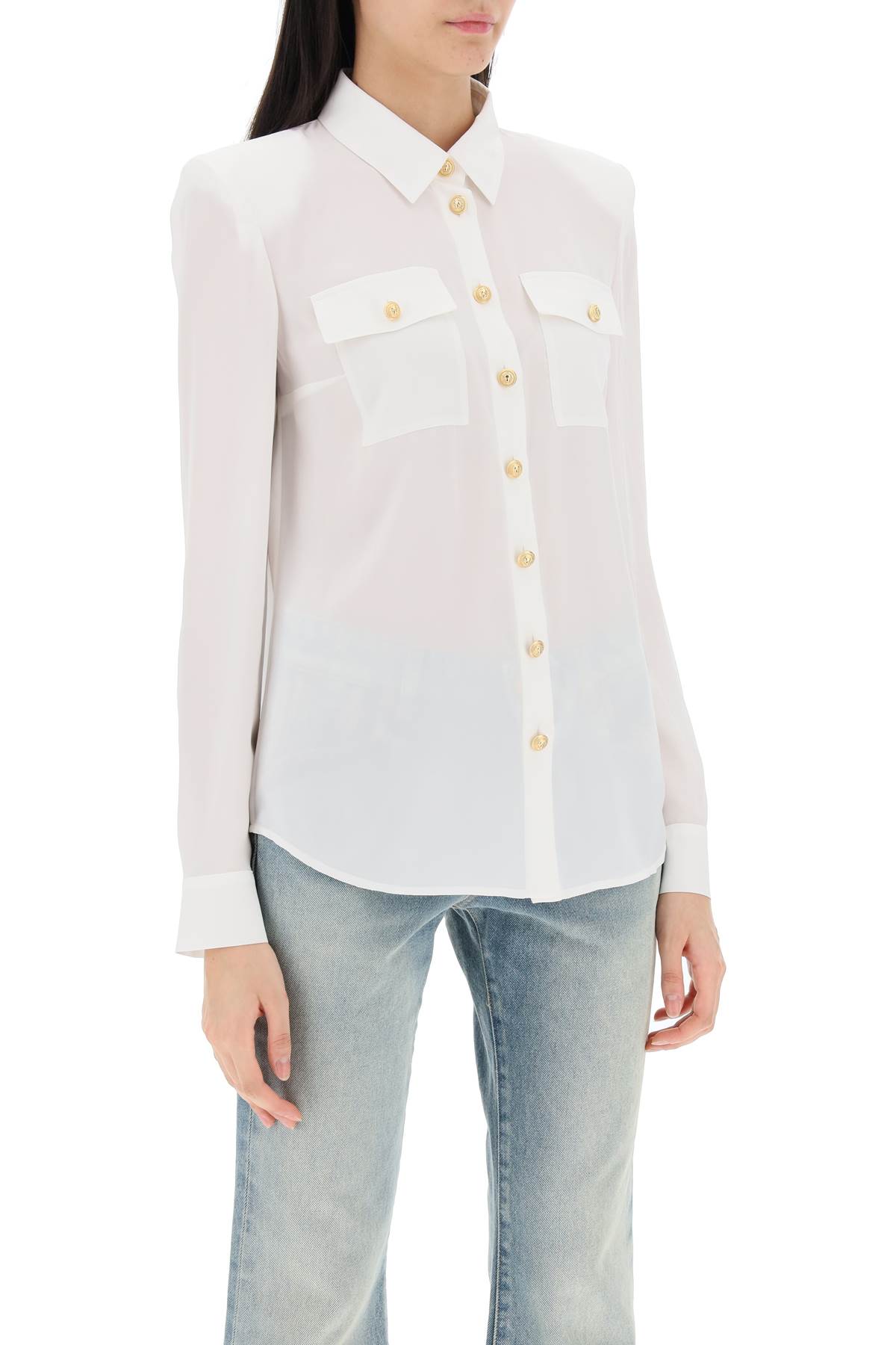 Shop Balmain Silk Shirt With Padded Shoulders In Ofa Blanc