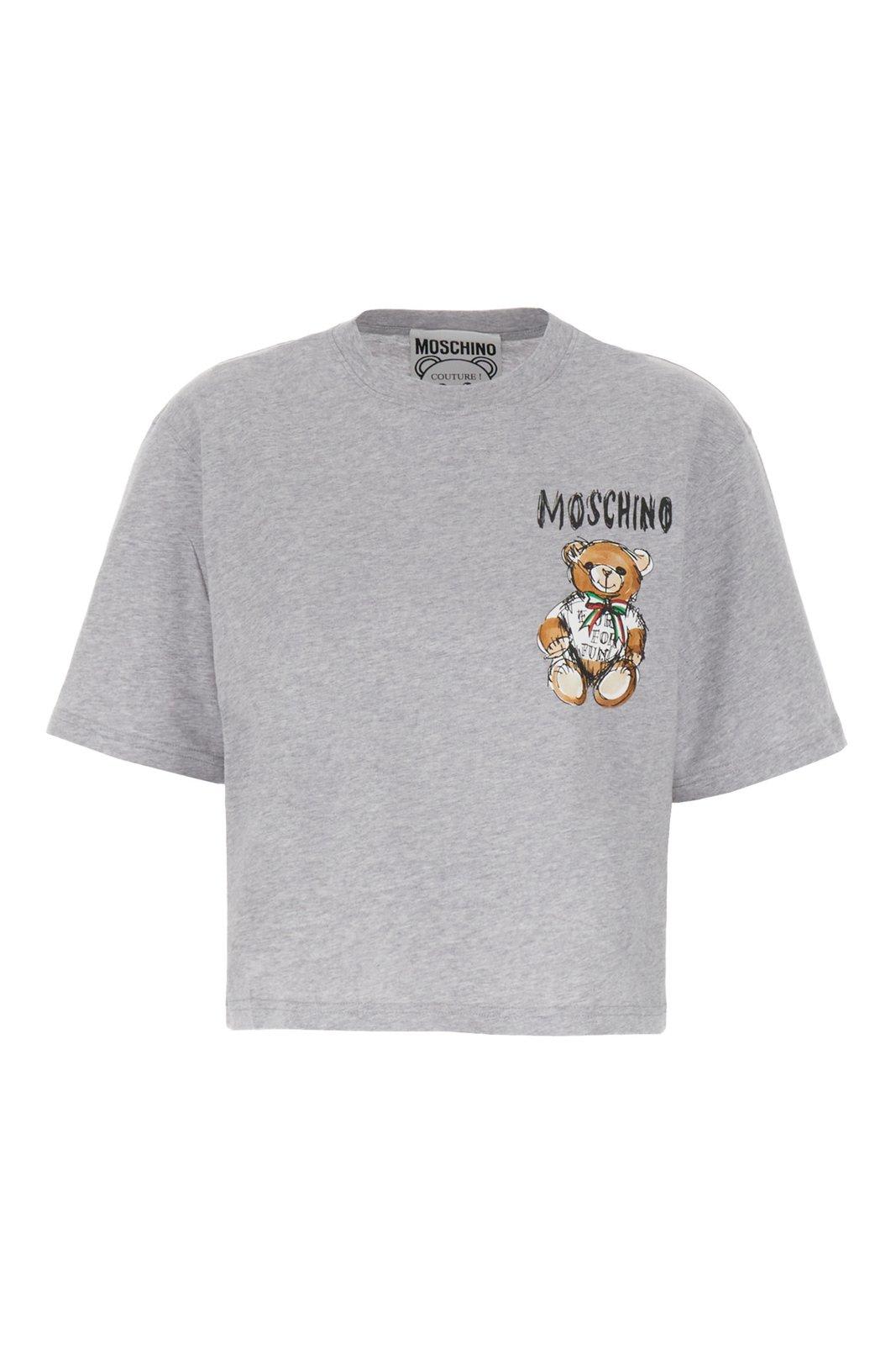 Moschino Teddy Bear Printed Cropped T-shirt In Gray
