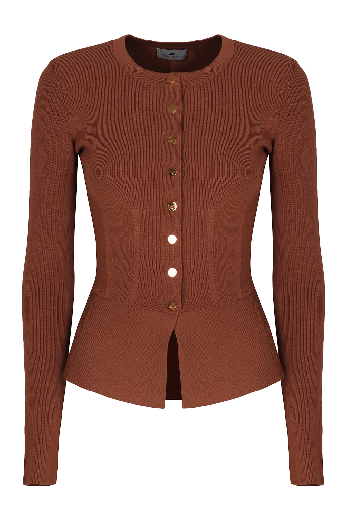 Elisabetta Franchi Ribbed Jewel-button Cardigan In Brown