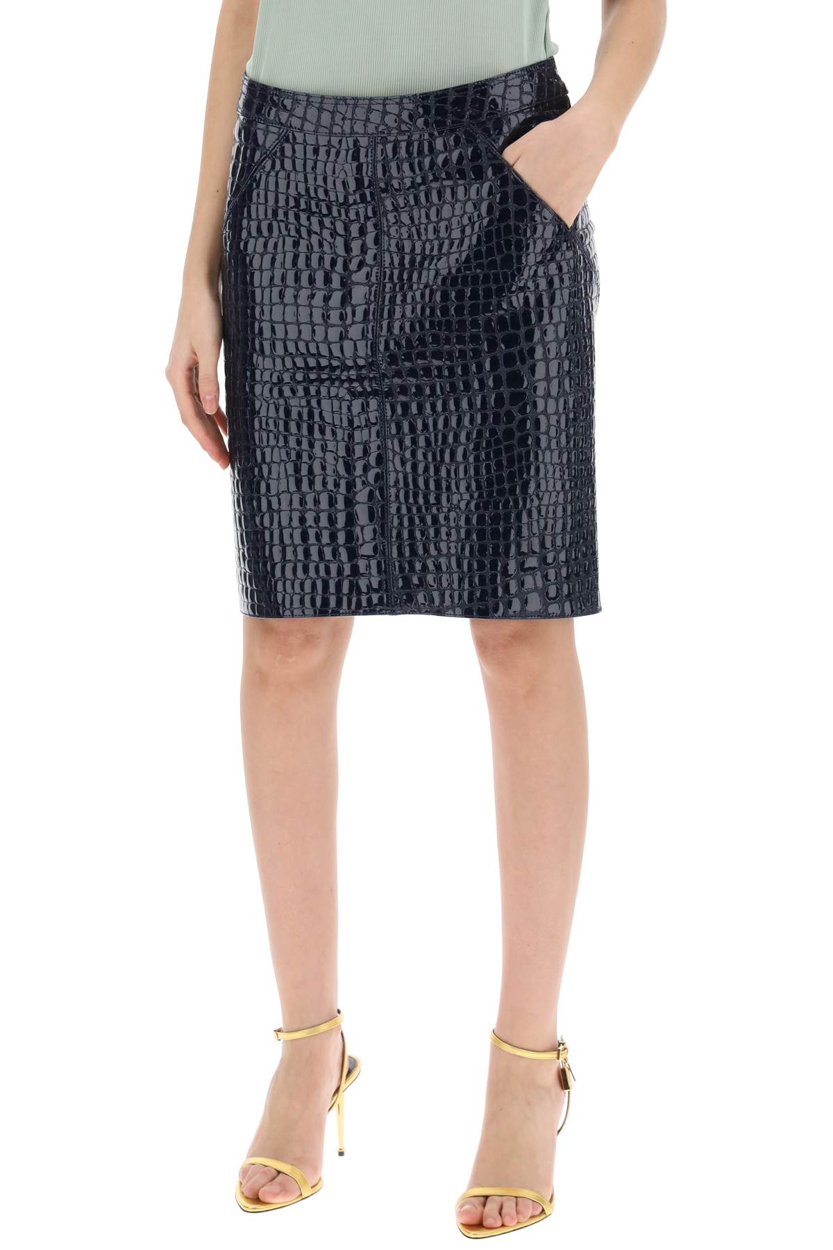 Shop Tom Ford Crocodile Effect Leather Skirt In Deep Blue (blue)