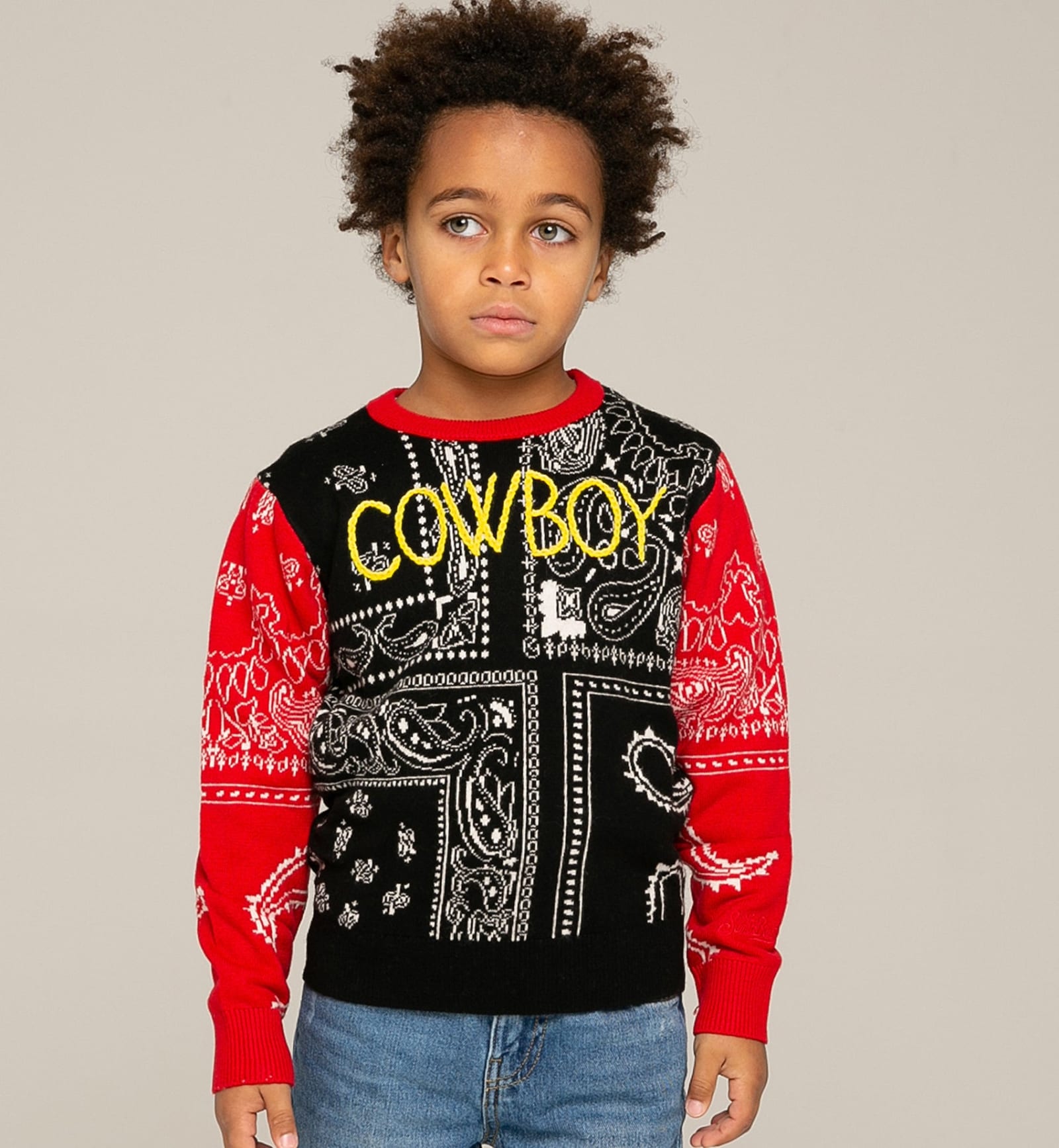 Mc2 Saint Barth Kids' Boy Bandanna Sweater With Cowboy Embroidery In Black