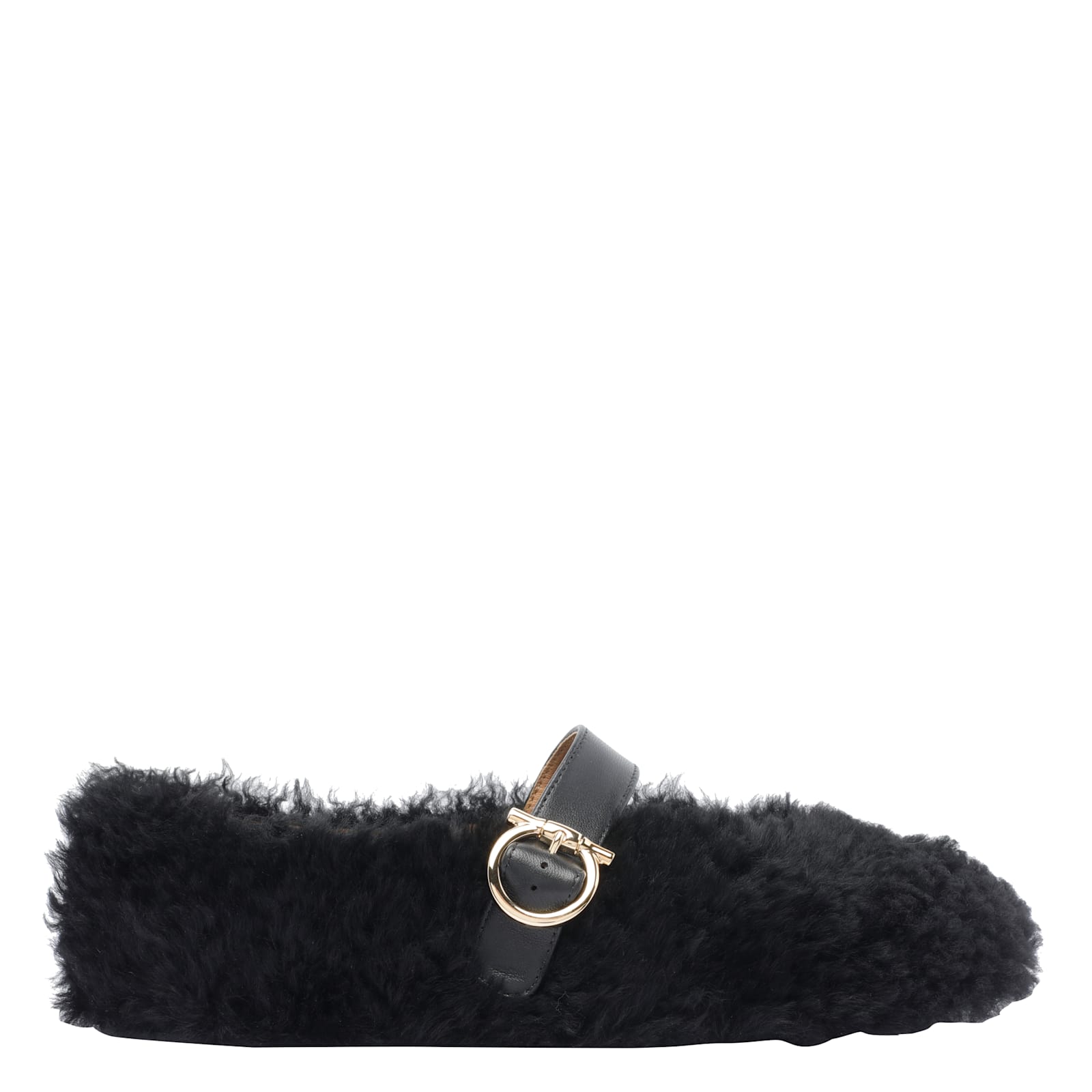 Ferragamo Gancini Ornamental Ballet Flats In Shearling In Black