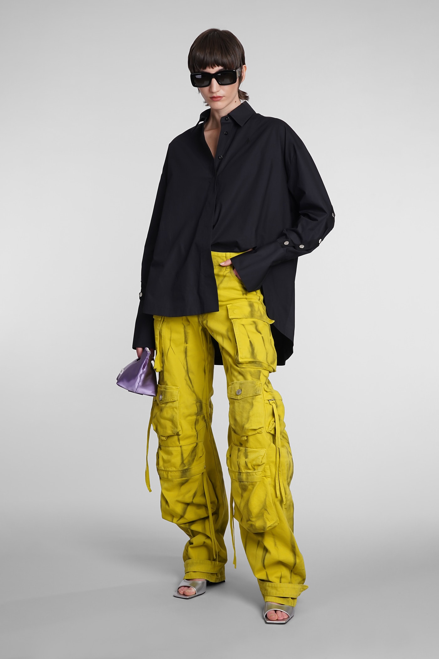 Attico Black Oversized Asymmetric Shirt With Studs In Cotton In Black