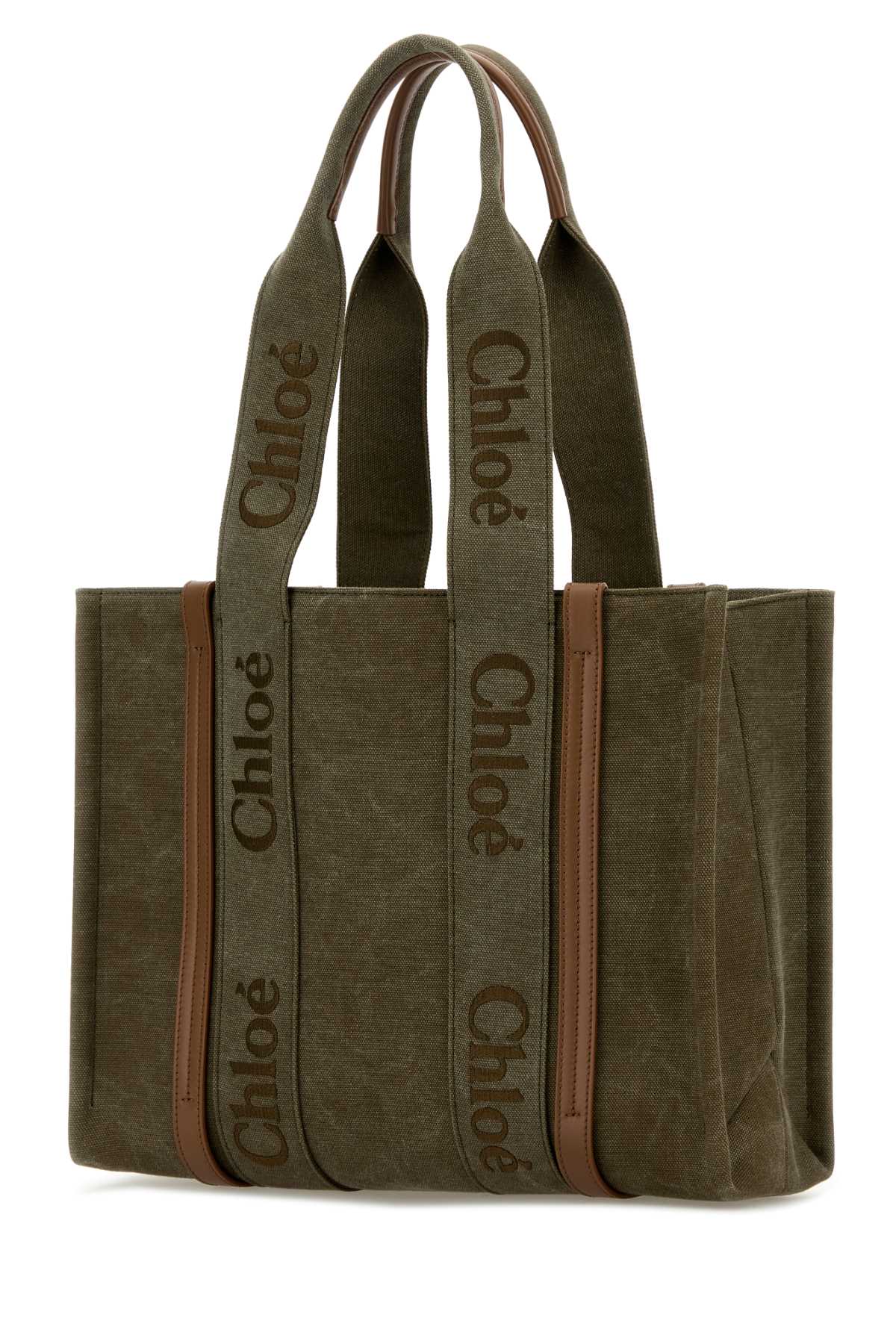 Shop Chloé Khaki Canvas Medium Woody Shopping Bag In Darkkhaki