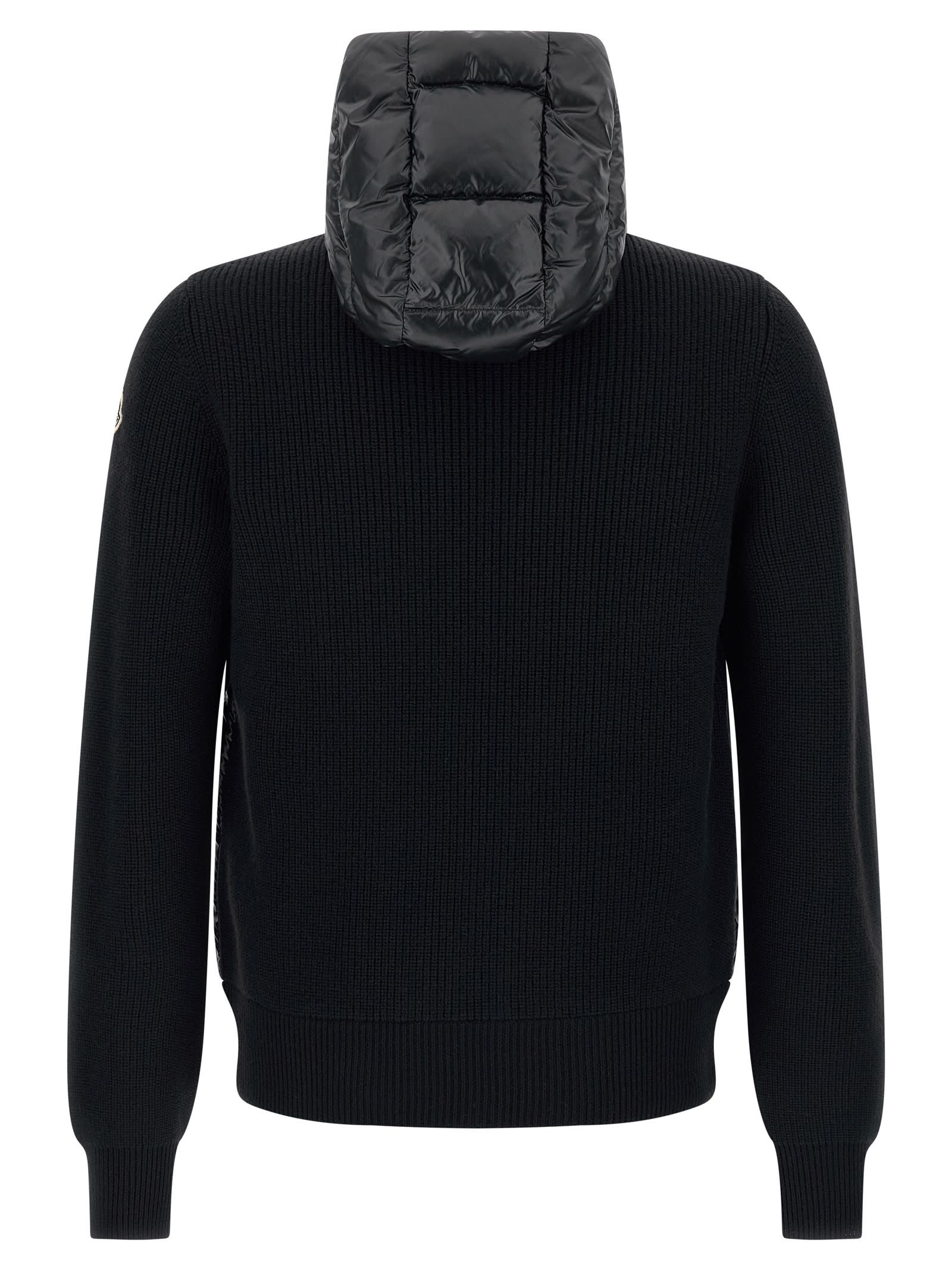 Moncler Hooded Quilted Sweater Ribbed Sleeves In Black
