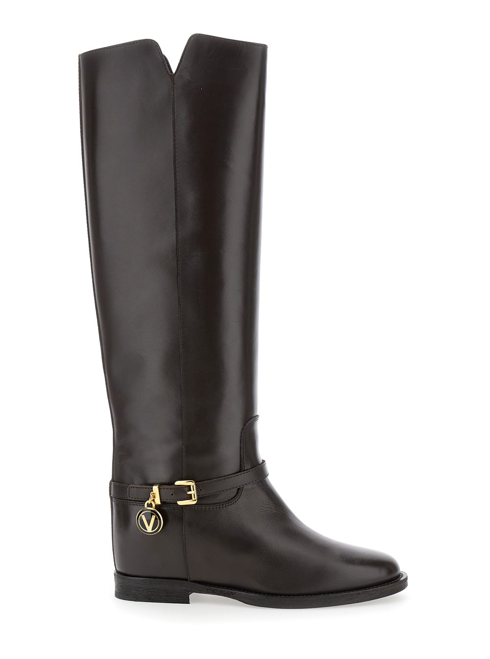 Shop Via Roma 15 Brown Knee Boots With Logo Pendant In Leather Woman