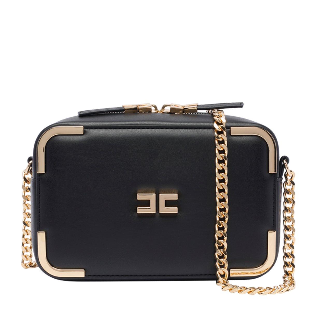 Shop Elisabetta Franchi Logo Plaque Chain-detailed Shoulder Bag In Black