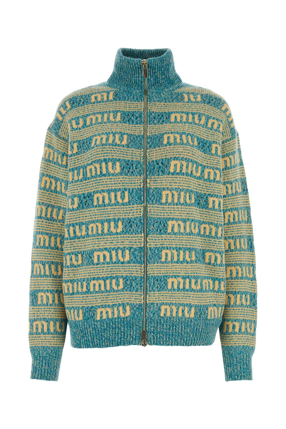 Shop Miu Miu Embroidered Wool Blend Oversize Cardigan In Turchese