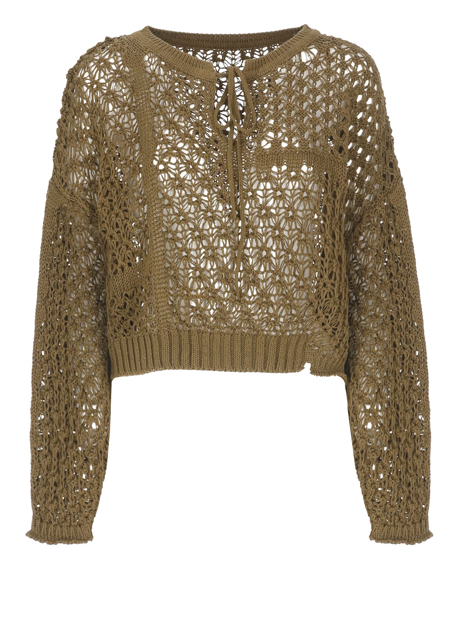 Y's Khaki Openwork Design Henry Wide Sleeve Sweater In Green