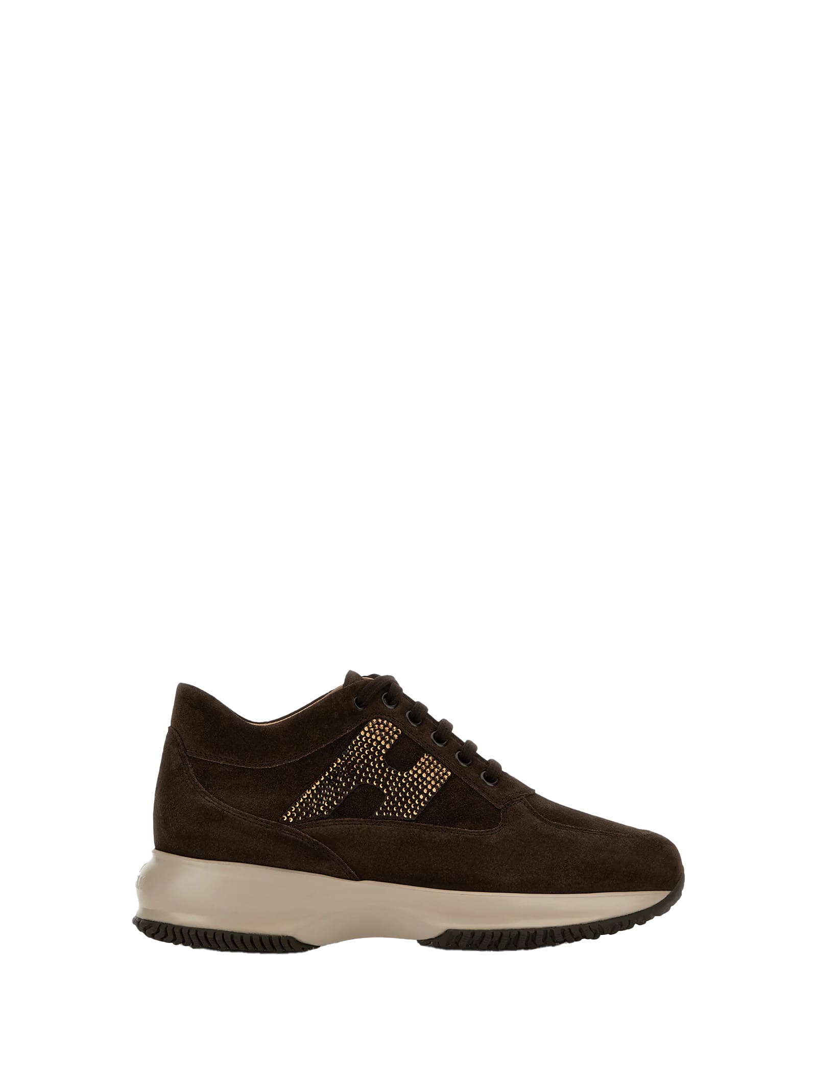 Hogan Chocolate Suede Sneakers With Rhinestone Logo In Brown